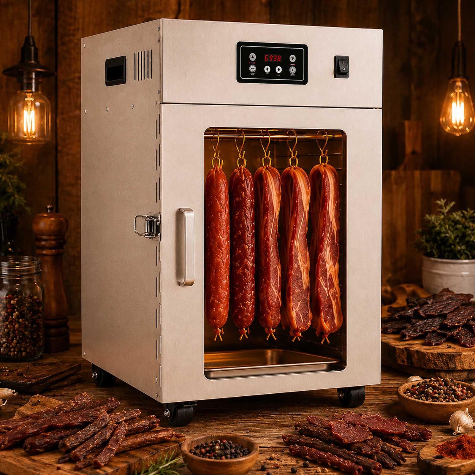 Dry Ager Für Fleisch Mit 360°-Luftstrom Und 30–90 °C Regelung Withoutgrid | 800 W Edelstahl-Reifeschrank Mit 30–90 °C, 24-H-Timer, 360°-Heissluft, 14 Haken Und 5–7,5 Kg Kapazität.