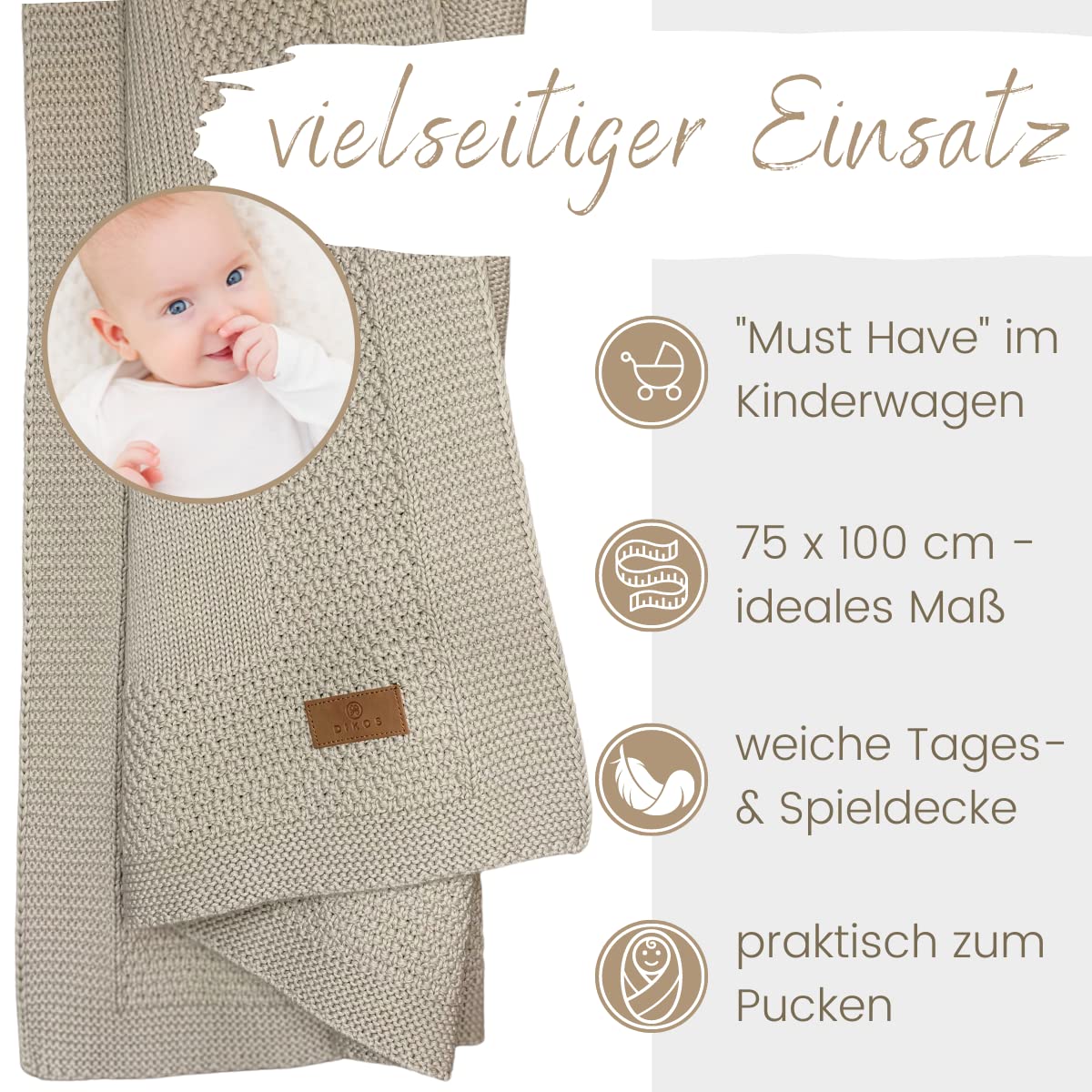 DIKOS Babydecke aus 100% Bio-Baumwolle (GOTS & OEKO-TEX) – weiche, atmungsaktive Baby Decke für Neugeborene Jungen & Mädchen – kuschelige Strickdecke, Kuscheldecke – Geschenk zur Geburt (warmes Taupe)
