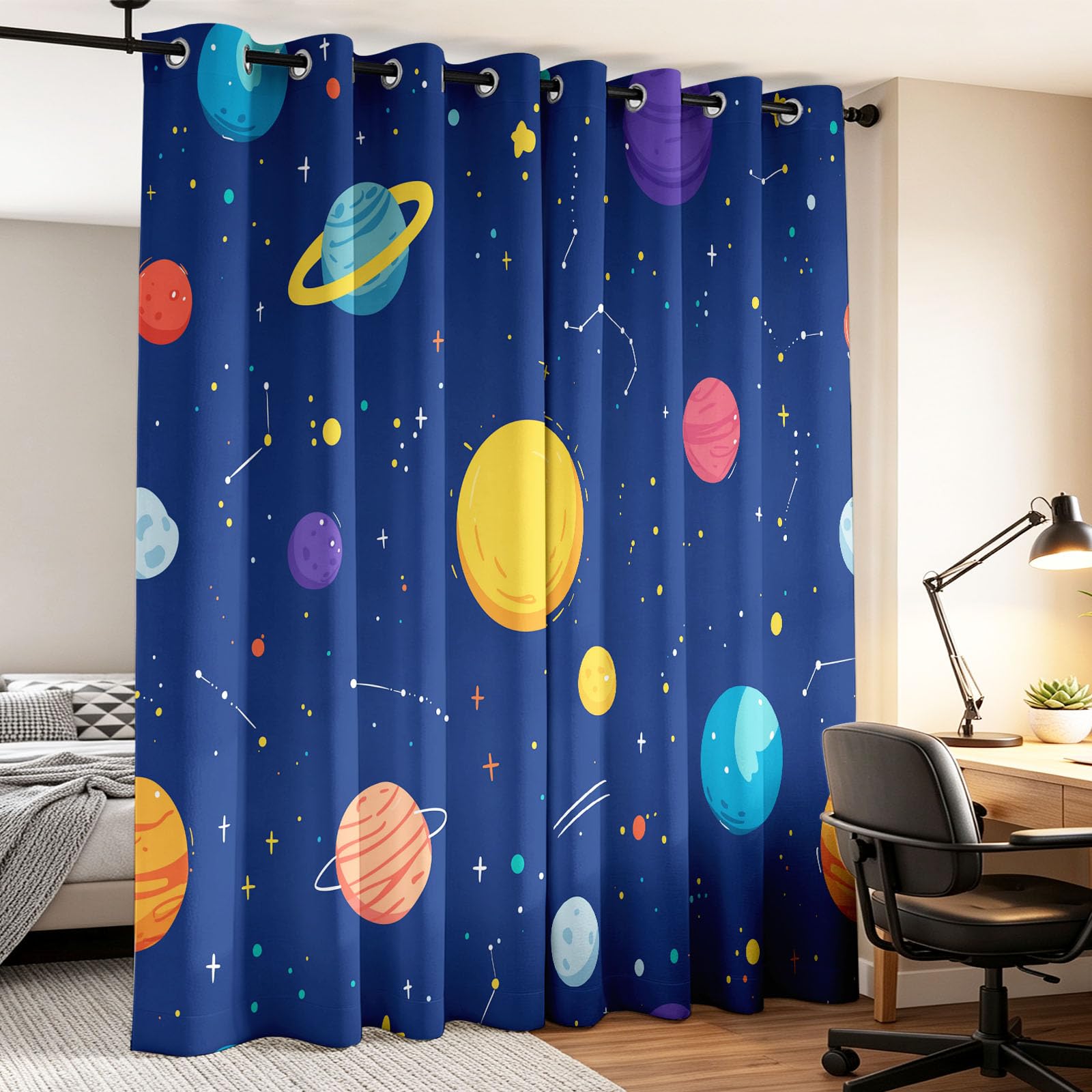 Rideaux Opaques Isolants Thermiques À Oeillets Espace Système Solaire, Rideau Occultant Planètes Étoiles, Décoration de Fenêtre pour Salon Cuisine Bébé 2 Pièces L 140 x H 250 cm