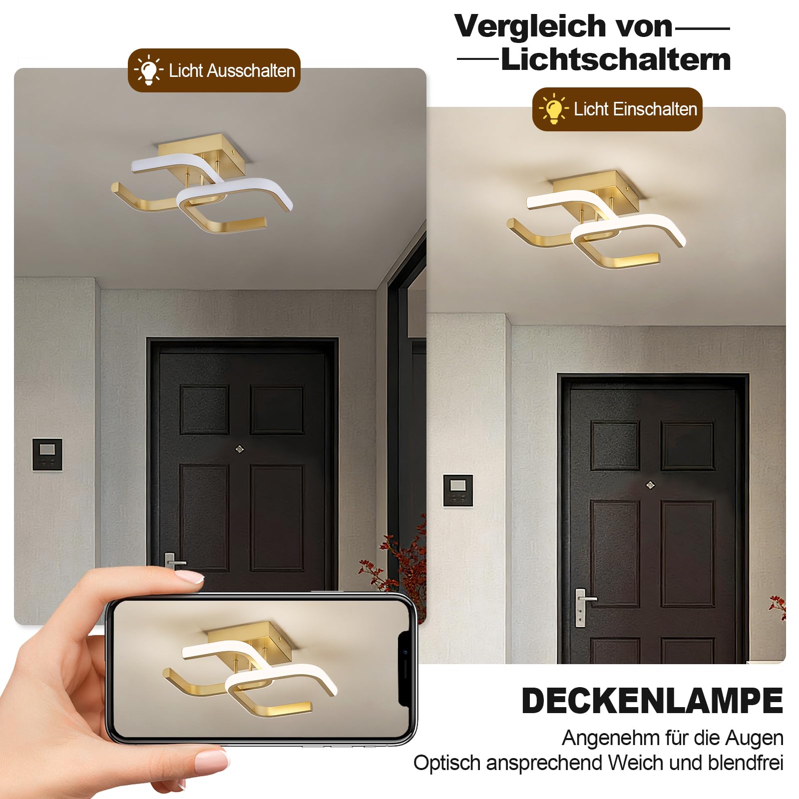 Plafoniera Soffitto Moderna, Plafoniera Led Soffitto Oro, Lampadario Led 32 cm per Cucina, Bagno, Corridoio, Disimpegno, 4000 K