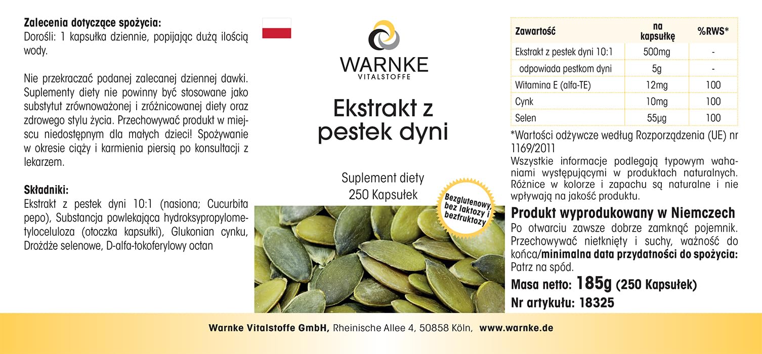 Extracto de semillas de calabaza 500 mg - 250 cápsulas - con vitamina E, zinc y selenio - alta dosis - envase grande | Warnke Vitalstoffe - Calidad de farmacia alemana