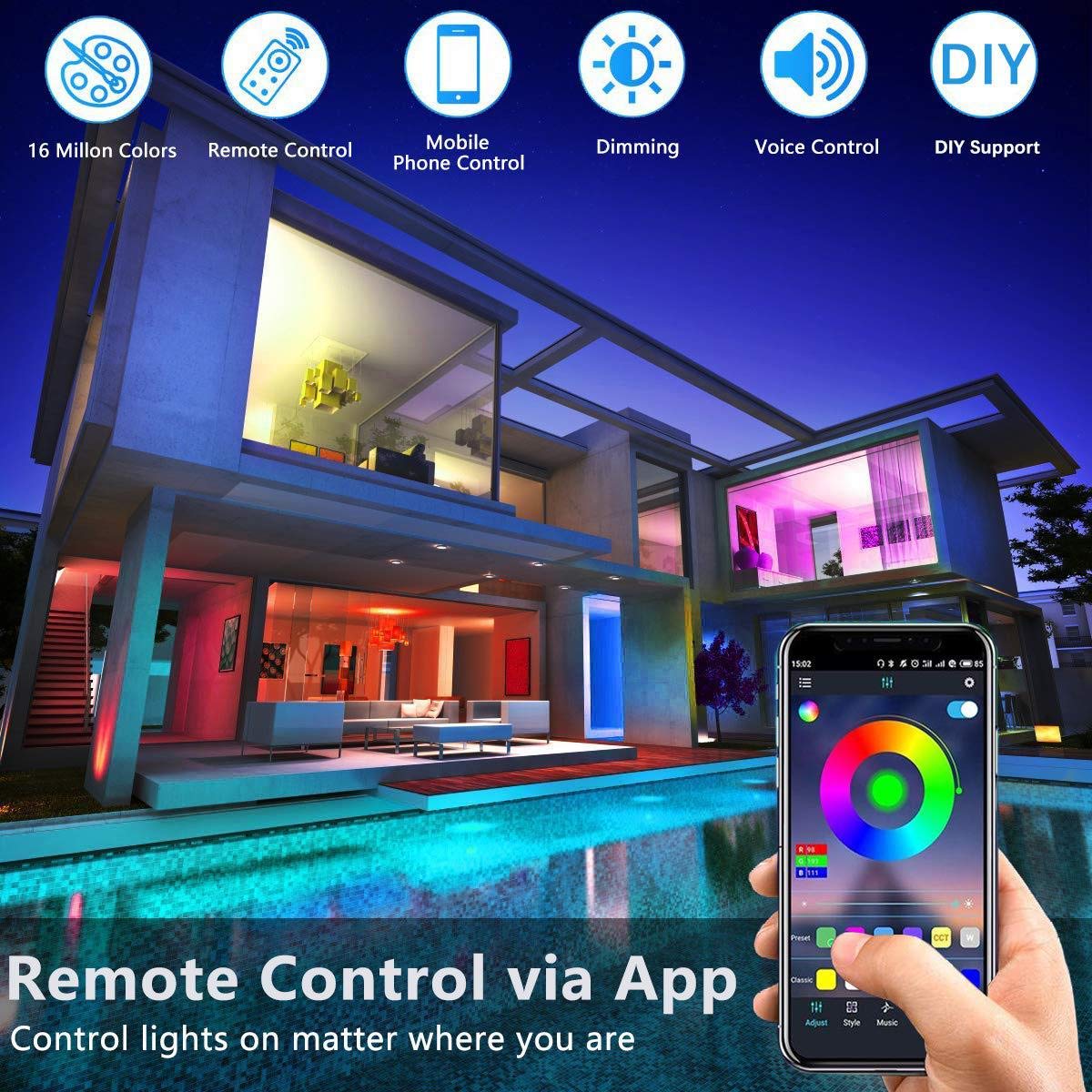 Ototon SMD5050 - Striscia LED 15 m WiFi Intelligent RGB con telecomando 44 tasti compatibile con Alexa Echo, Google Home, decorazione per interni casa (40 m)