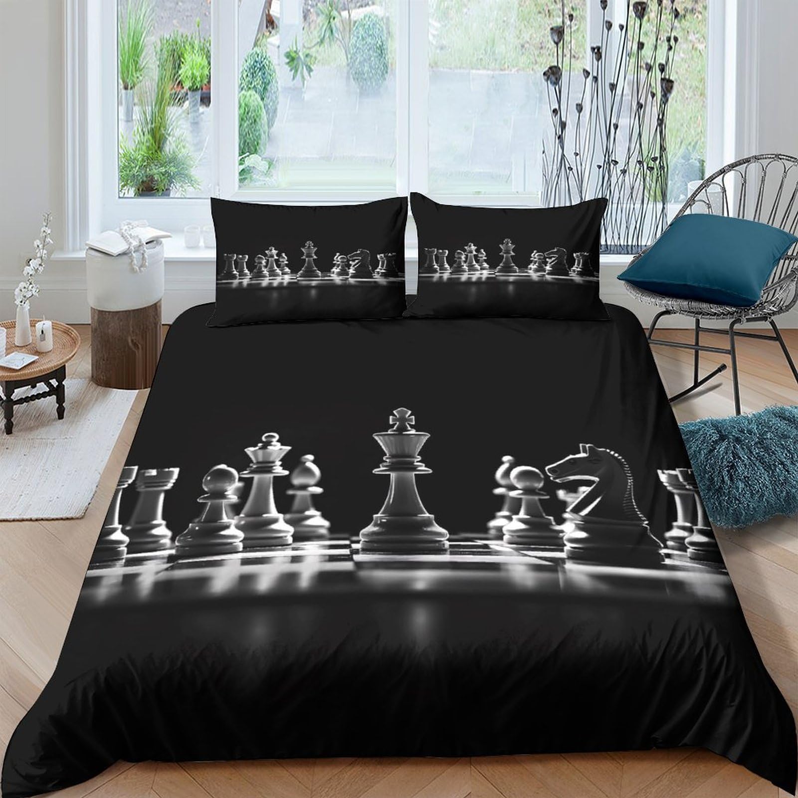 Ctjqhvkz Style-3 3D Printed Chess Board Fitted Sheet Microfiber Soft Black White Chess Piece Bed Cover For Bedroom Dorm Mattress Decor Single（135X200cm）