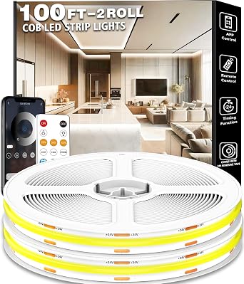 NUERPO 100FT COB Led Strip Lights, Uniform 6500K COB Rope Light,Bright Daylight White Lights,High Density,App/Remote Control,Indoor 24V Cuttable Cabinet Lights for Bedroom,Bookshelf,Showcase,Kitchen