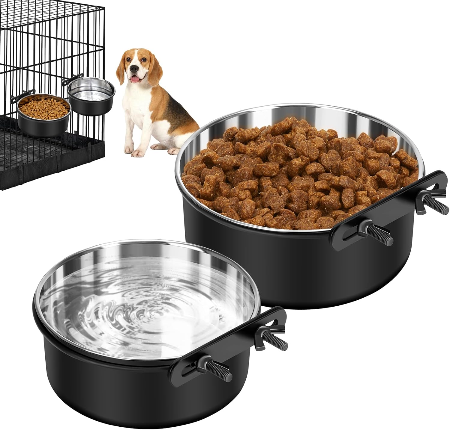 Canine Crate Water Bowl No Spill, 2 Pack Canine Crate Bowls Hanging, Kennel Water Meals Bowls Mountable, Pet Cage Equipment Feeder Dish, Stainless Metal Coop Cup for Cat Pet Bunny Guinea Pig Ferret Chicken