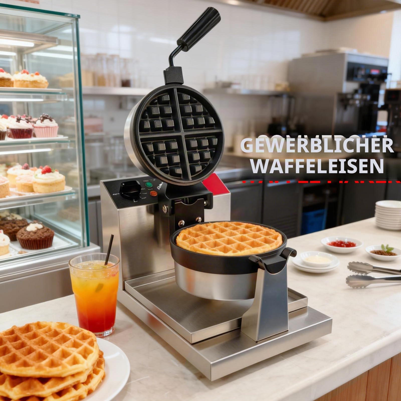 CROSSON Kommerzielles Waffeleisen,Rundes Waffeleisen Belgische Waffel Um 180° Drehen,Nicht Haftende Dreifachschicht mit Temperatur- und Zeiteinstellung für Restaurant Bäckerei Snackbar,230V/1300W