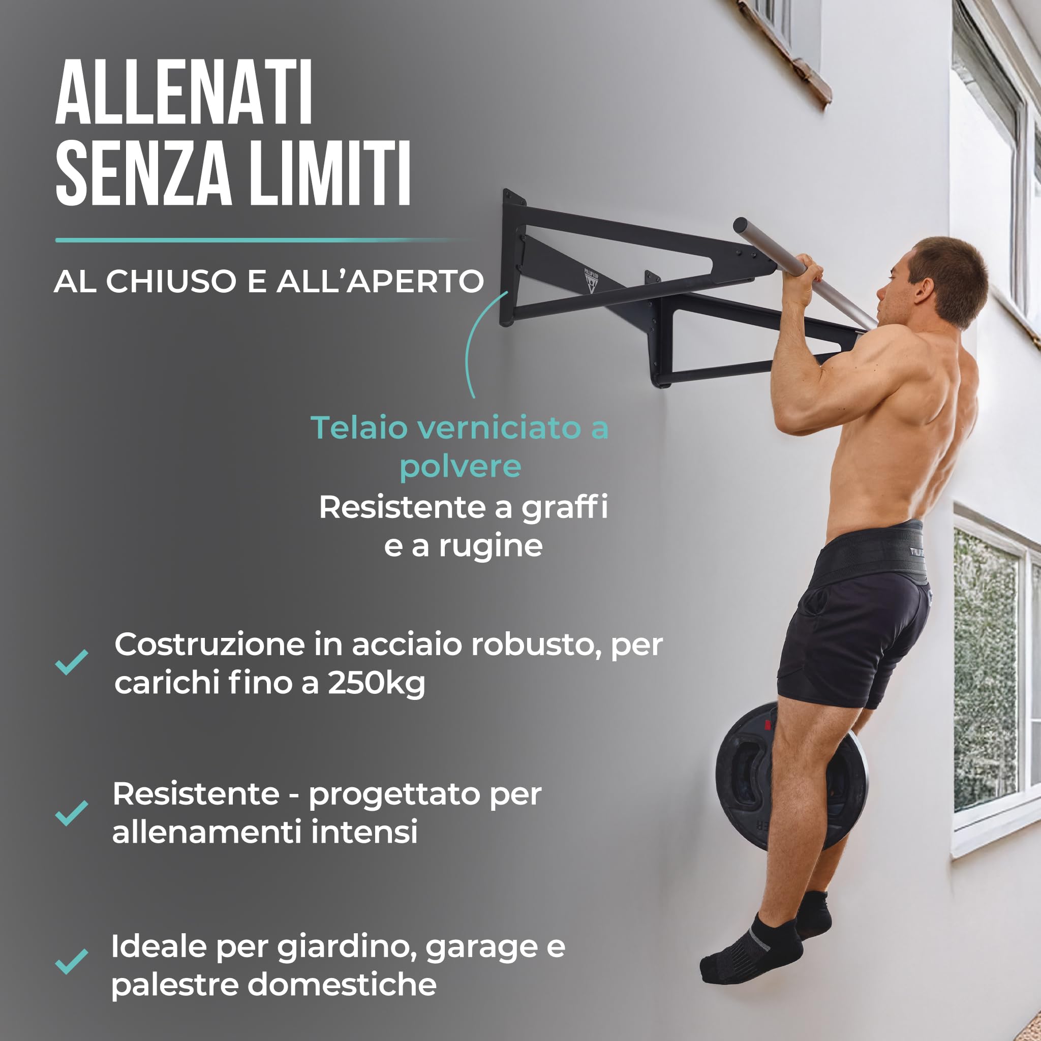 PULLUP & DIP - Barra Muscle Up da Parete per Esterni e Interni | Calisthenics | Barra Trazioni in Acciaio Inox Resistente alle Intemperie per Front Lever, Back Lever & Home Gym