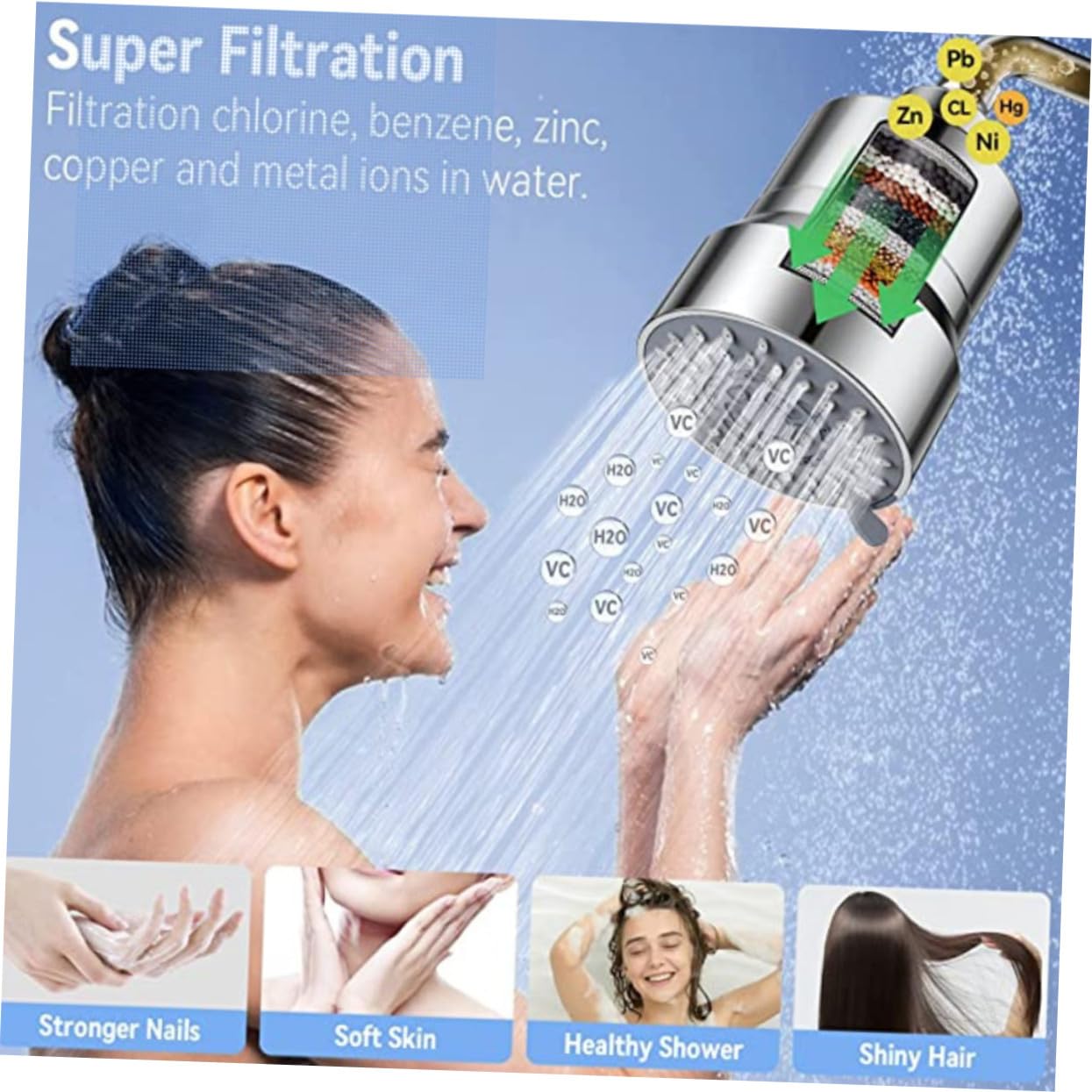 Duschkopffilter Ersatzteil für Duschkopf mit Filter, Silber | Abs und Metall, Verstellbarer Winkel, Gesundheitsschutz, Passend für Gefilterte Dusche