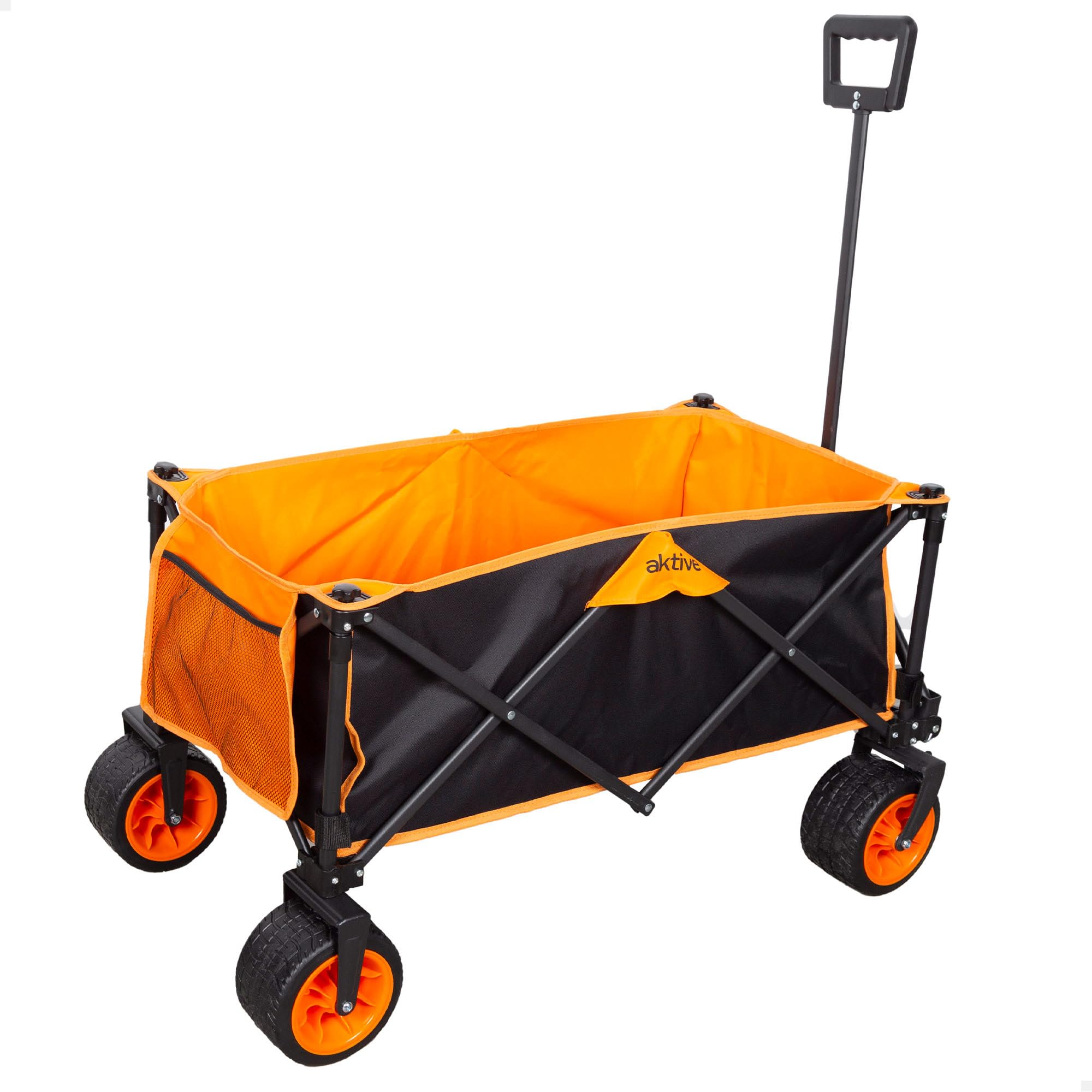 Aktive Carro Transporte Plegable, Playa, Jardín, Camping, hasta 100 kg, Ruedas robustas y giratorias 360 Grados con Frenos, Mango multiángulo, con Bolsillo, con Funda, Portasillas, Negro y Naranja