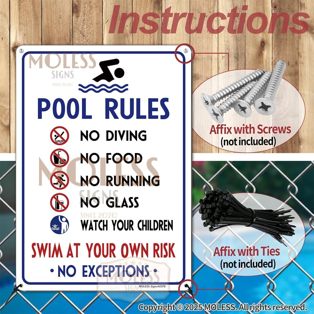 Pool Signs Bundles - 6Pack 12x8 Inches + 2Pack 14x10 Inches Pool Signs, PSP-2401 | PSP-2502 | PSP-2503 | 2378-White, Durable 0.040 Aluminum Weatherproof & UV Protected