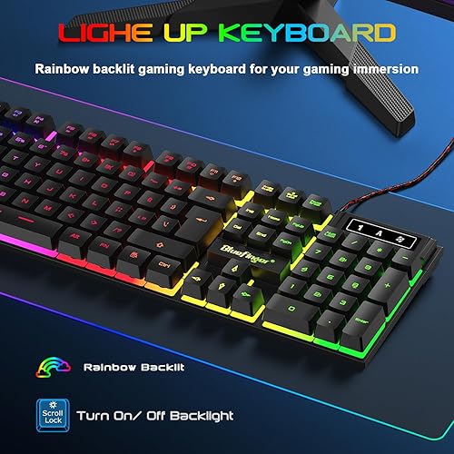 Miniatura 2 de BlueFinger Teclado para juegos USB con cable de tamaño completo, teclado retroiluminado con arco iris iluminado con teclas multimedia, escritura