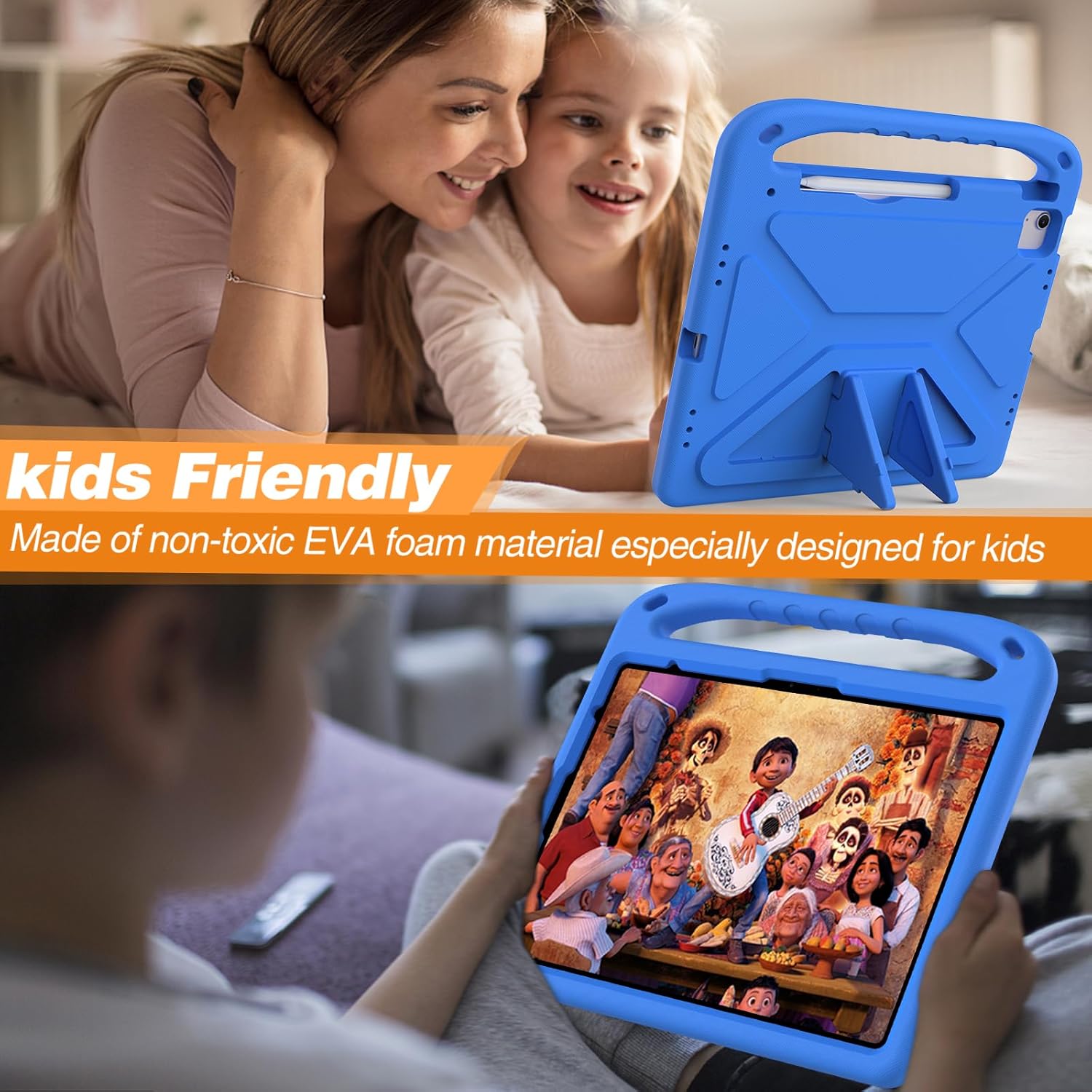 for iPad Air 13 inch 2024 2025 2026 (M2 M3 M4) / Pro 13 inch (M4 M5) Kids Case,Lightweight EVA Kid Friendly Shockproof Protective Case,Handle Stand Heavy Duty Tablet Cover,Blue