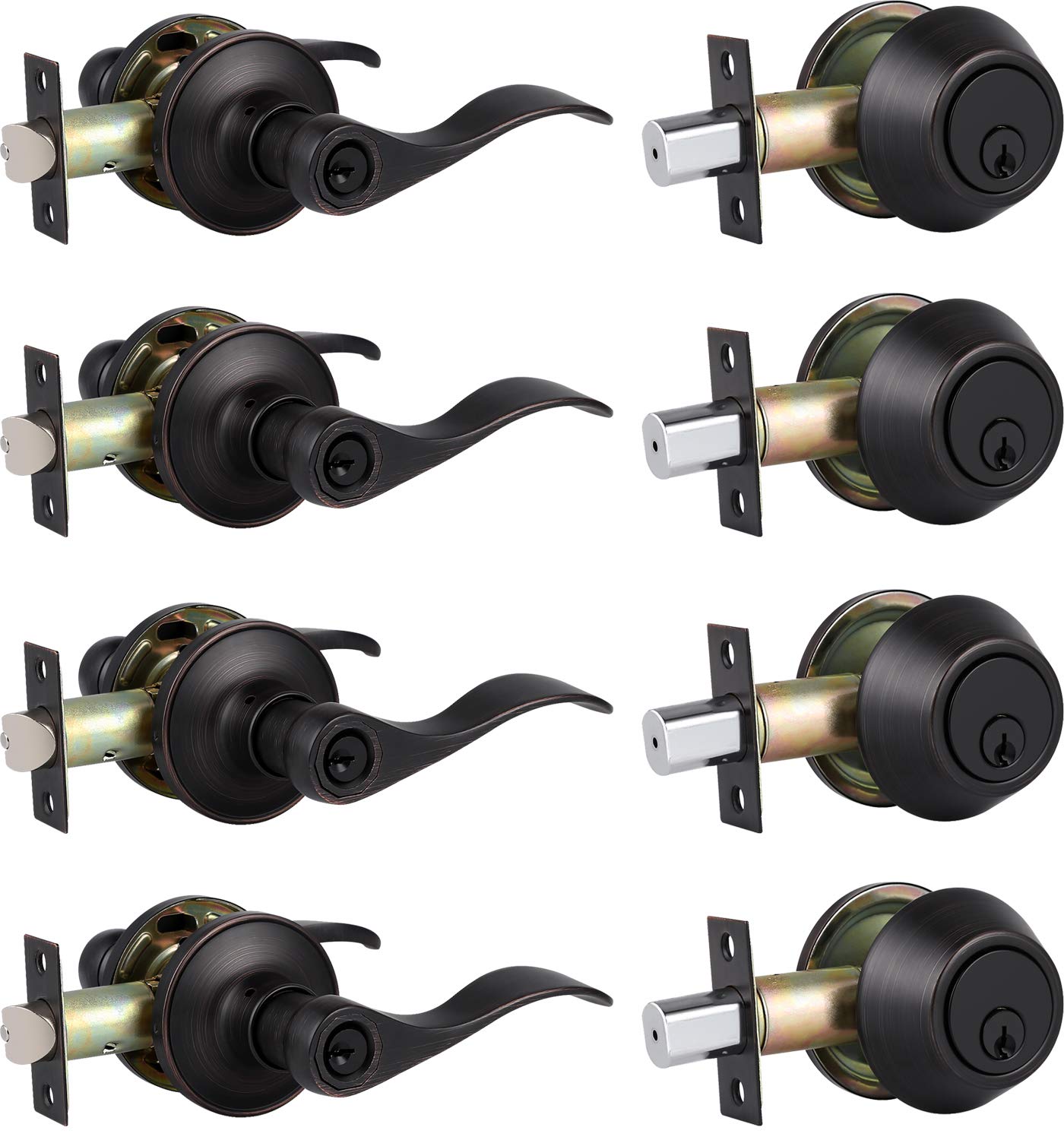home improvement direct Exterior Door Handle with Deadbolt, Oil Rubbed Bronze Front Door Lock Set with Single Cylinder Deadbolt, 4 Pack Wave Style Keyed Alike Entry Lockset
