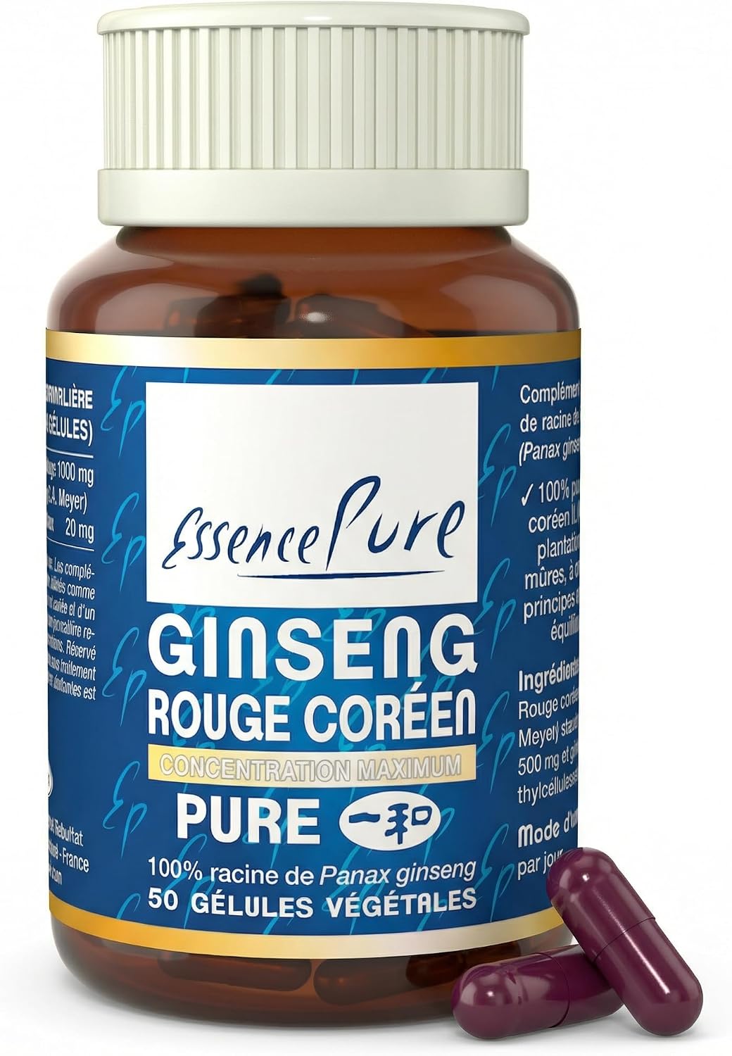 Korean Red Ginseng 1000mg | Panax Ginseng Maximum Concentration in Ginsenosides | Mental & Physical Energy | Natural Adaptogen | 50 Vegan Capsules Pure Essence