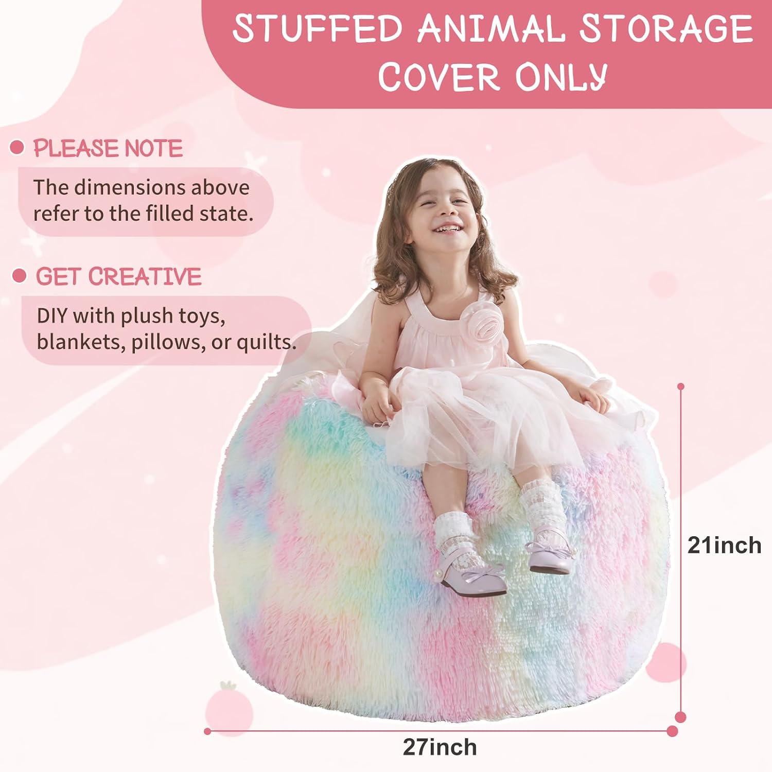 WSOFRLAC Bean Bag Cover (No Filler), Stuffed Animal Storage Bean Bag Covers for Kids, Soft Faux Fur Washable Cover with Pocket Handle, Comfy Fluffy Beanbag for Organizing Plush Toys, 27"x21" Rainbow