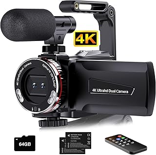 Video Camera 4K 64MP Camcorder Vlogging Camera for YouTube, 21X Digital Zoom, 3 Inch 270° Rotating Screen Video Vlogging Dual Camera with 64GB Card, Microphone, Stabilizer, Remote Control, 2 Batteries