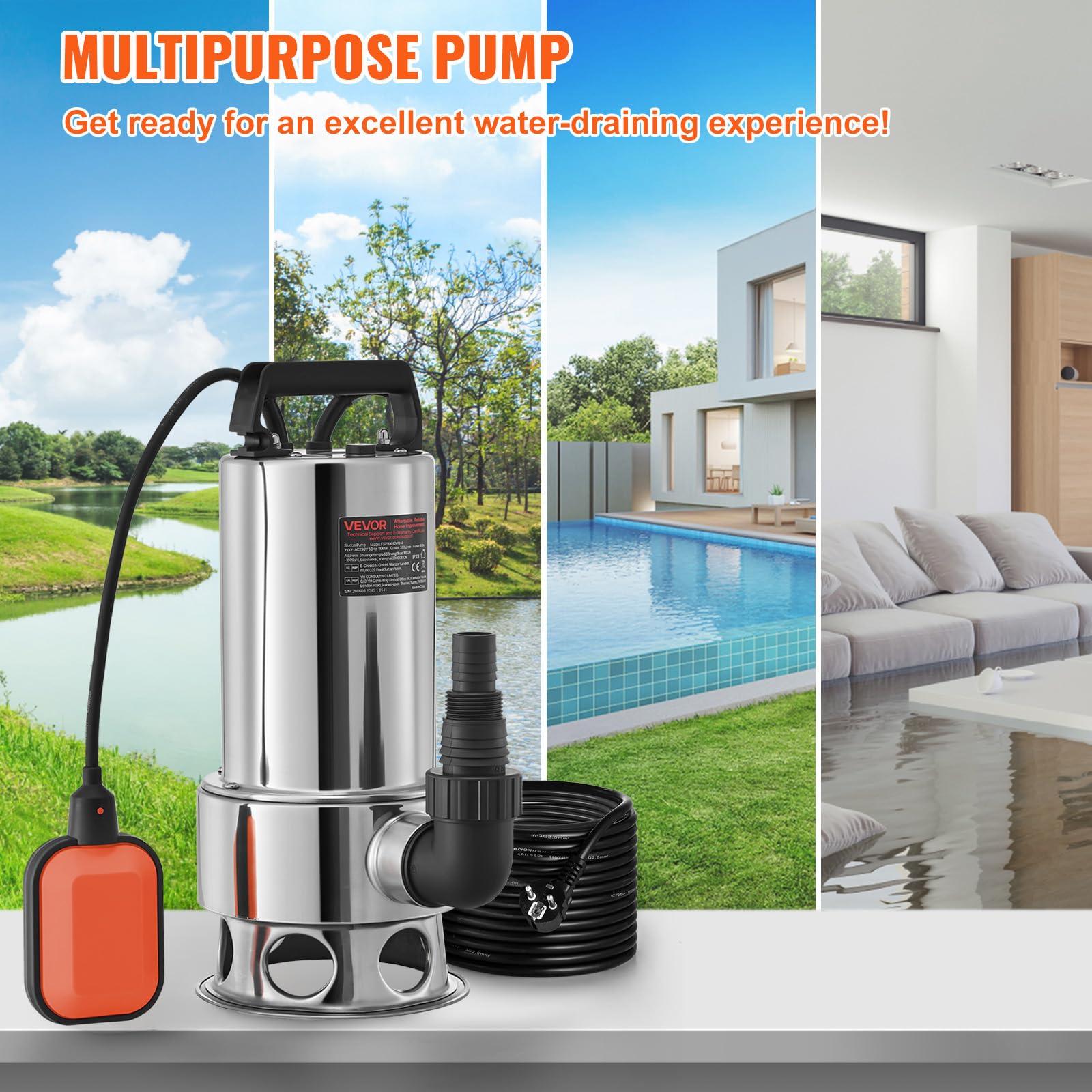 VEVOR Pompa Sommersa Elettrica da Drenaggio per Acque Sporche 1300W da Giardino Laghi Pozzo, Elettropompa a Immersione per Drenaggio di Acque Sporche Nere Scure 10A 1300W per Piscina Giardino Pozzetto