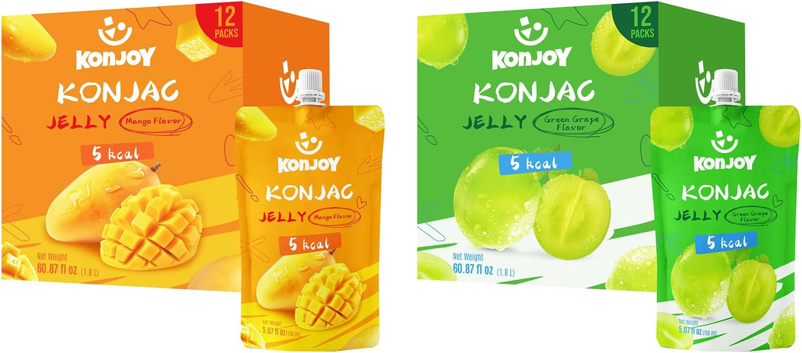 KONJOY Mango & Green Grape Konjac Jelly Bundle, 24 Drinkable Jelly Pouches – Low Calorie (5 kcal), Vegan, Fat-Free, Gluten-Free, Keto-Friendly Refreshing Fruit Jello Set