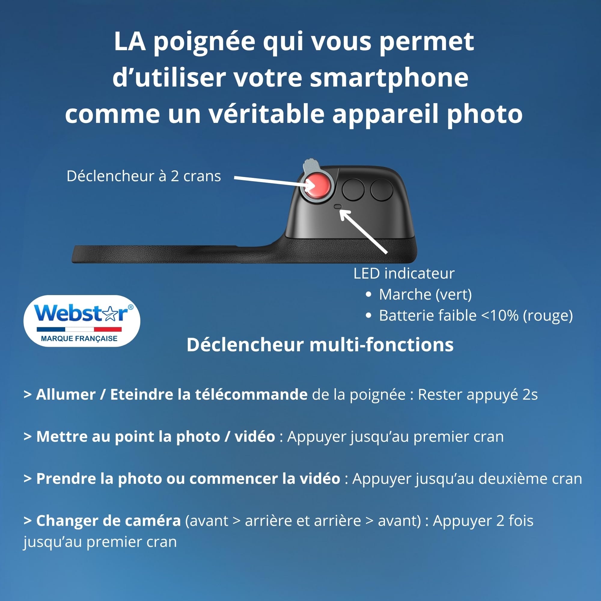 Webstar Tech® Poignée magnétique Bluetooth Smartphone | Support Vlog & Selfies | Grip stabilisateur avec télécommande détachable | Photos et vidéos avec Une Seule Main | Iphone & Android