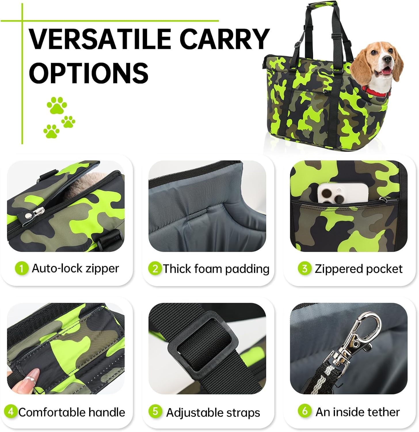 Premium 10mm Padded Dog Purse Carrier for Large Dog, Pet Tote Bag Shoulder Carrying Purse for Dog/Cat Below 7kg/15.5lbs - Camouflage Green