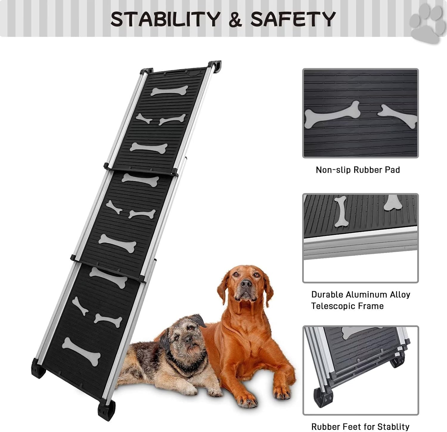HOXWELL Collapsible Dog Ramp Telescopic Pet Ramps for Large Dogs SUV and Car, Portable Non-Slip Car Ramps for Small, Medium Dog, Anti-Resistant with Rubber Bone Pattern, Adjustable Length 28” to 62” : Pet Supplies