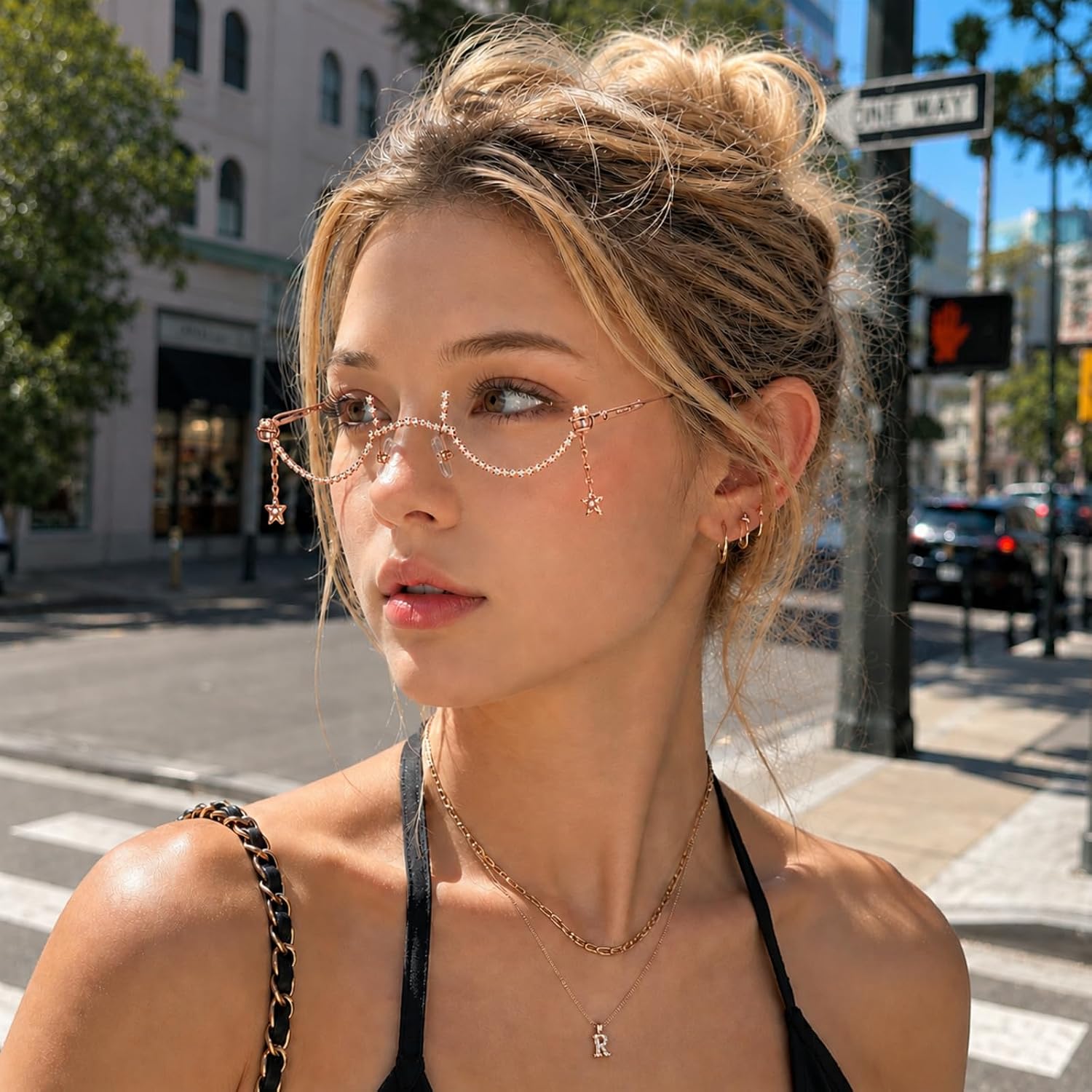 No Lens Diamond Decor Half Glasses Frame Retro Crystal Metal W Frame Eyeglasses Without Lens Women