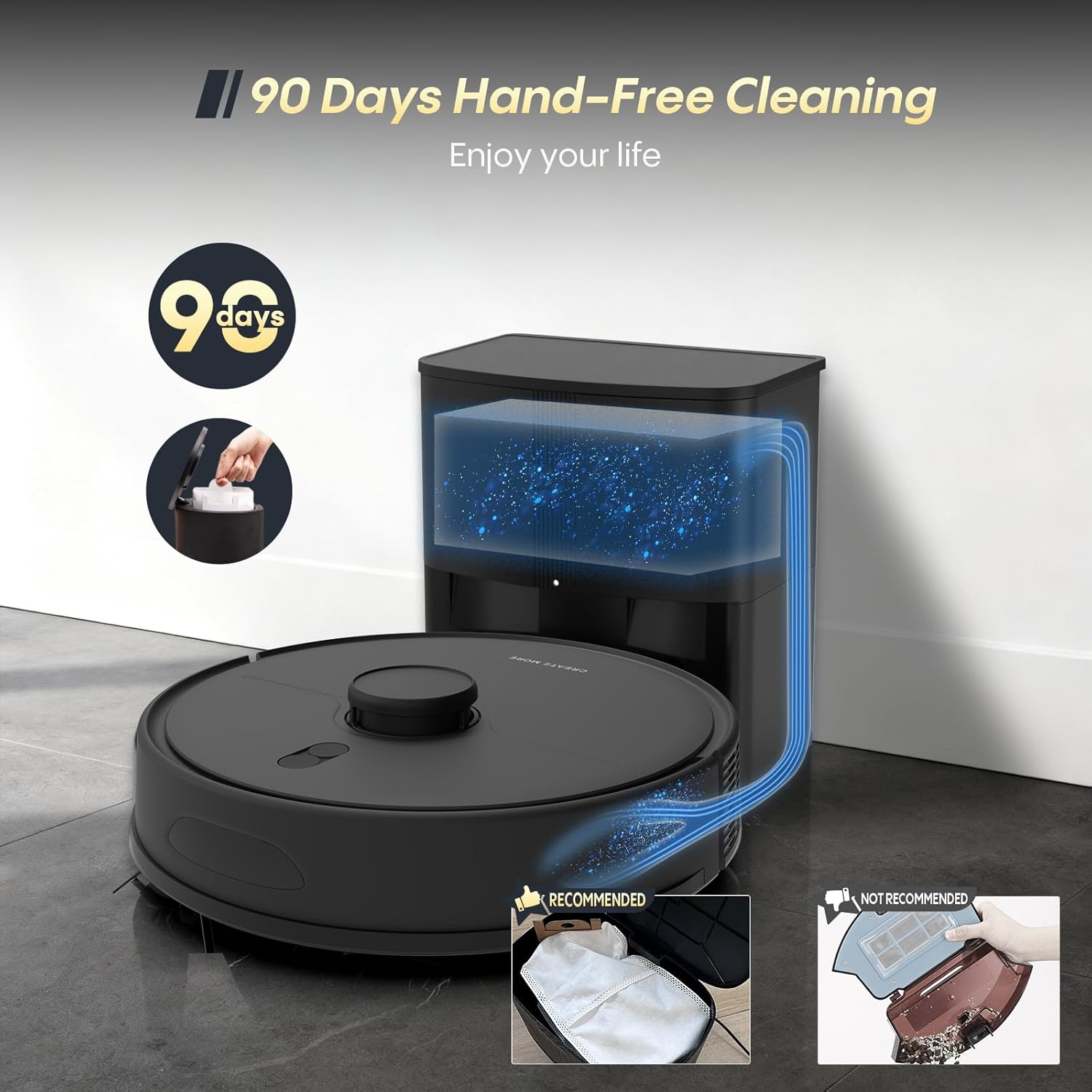 Robot Vacuum and Mop Combo, 90 Days Self-Emptying, 6000Pa Powerful Suction, Home Mapping, Easy Custom Robotic Vacuum for Pet Hair, Dust, Carpet, WiFi/Alexa