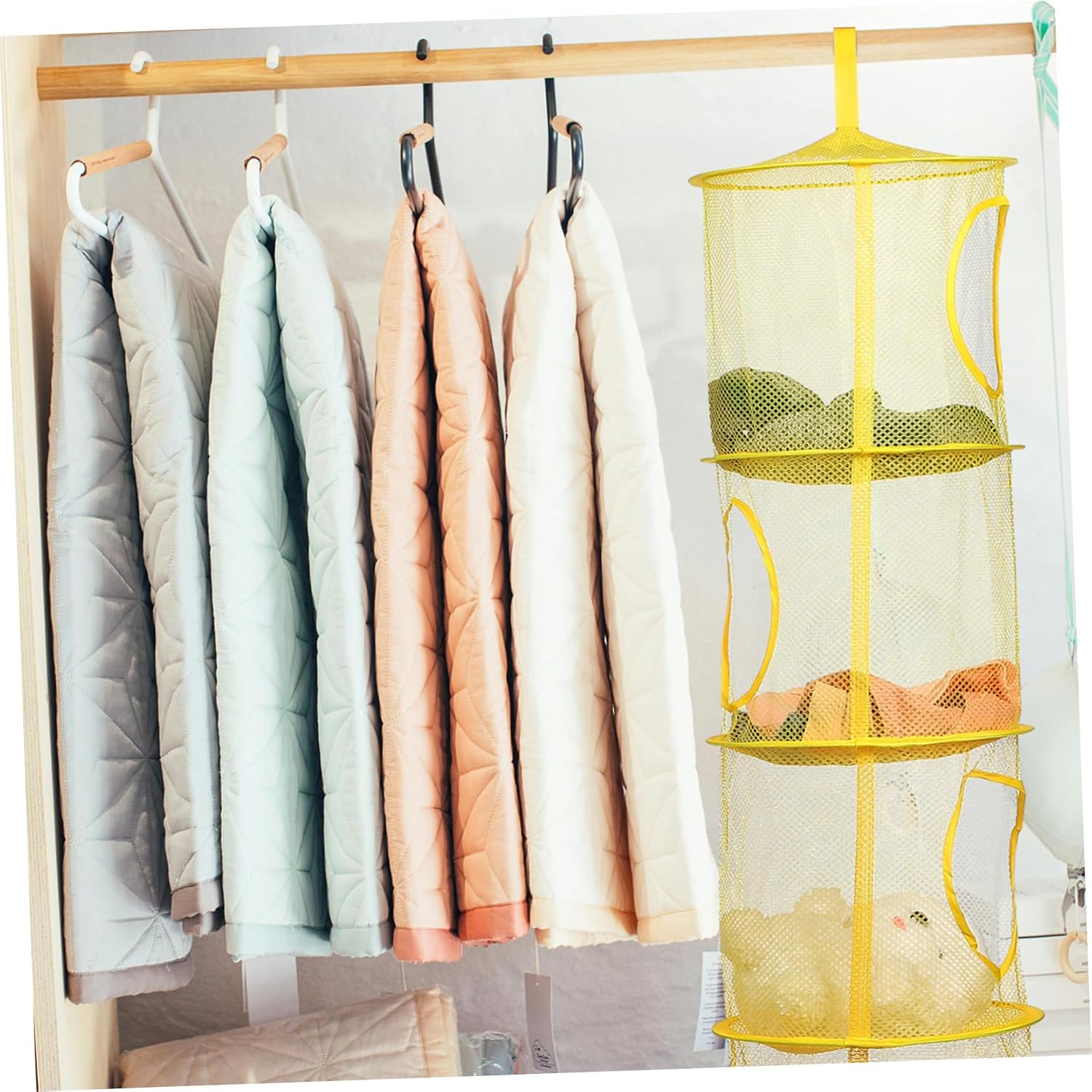 Unomor 3pcs Hanging Toy Storage Net Multi-Functional Clothes Drying Organizer for Stuffed Animals and Underwear Breathable Mesh Design Gray Yellow Blue