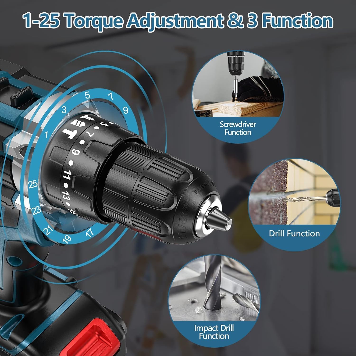 Trapano Avvitatore a Batteria 21V 3-in-1 – Set Accessori da 61 Pezzi, 2 Batterie & Caricabatterie Rapido, Coppia 45 Nm – Multifunzionale per Foratura, Avvitamento & Lavori Domestici