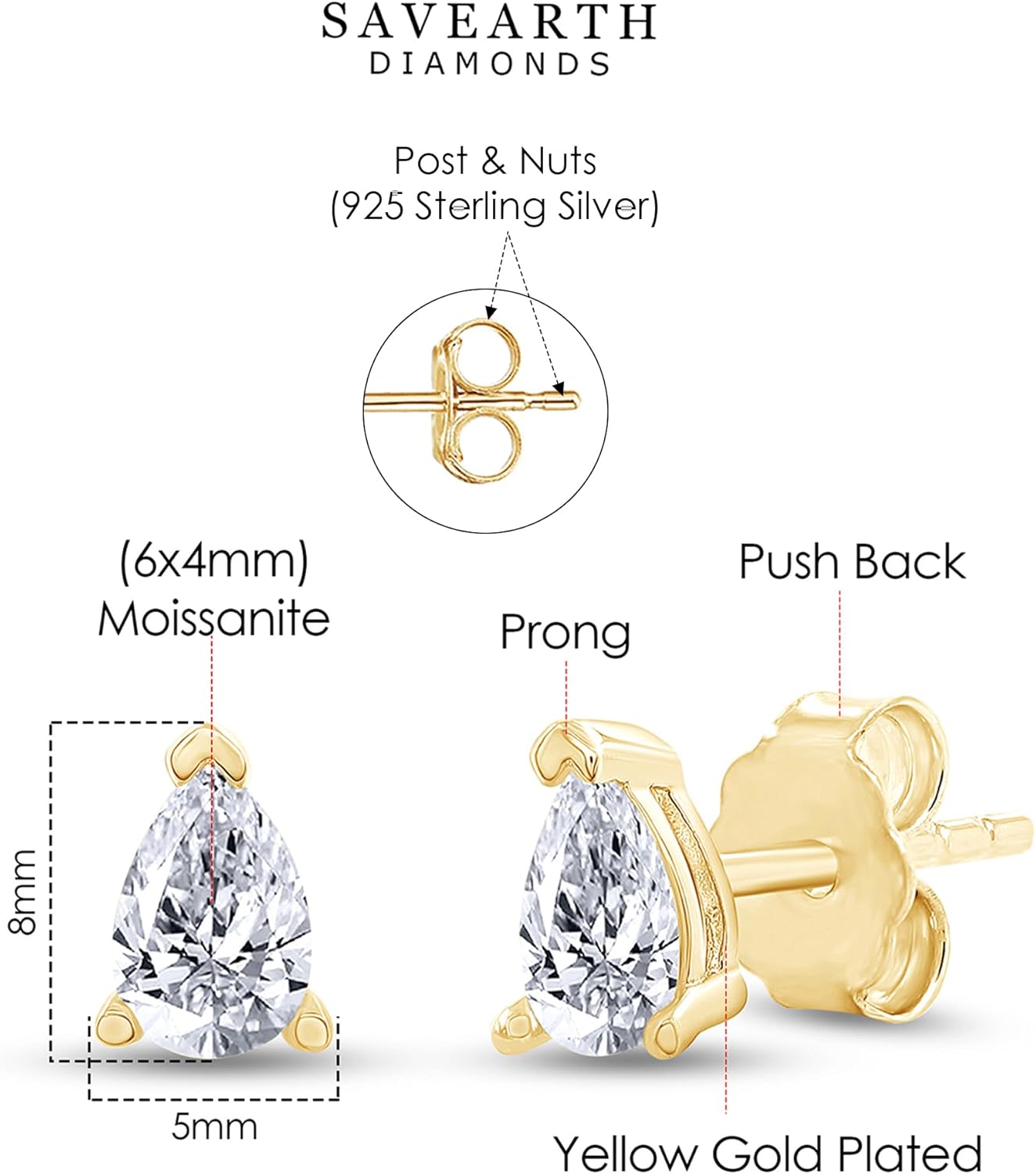 SAVEARTH DIAMONDS 18k Gold Plated Sterling Silver Post Solitaire Stud Earrings | 4X6MM Pear & Oval Moissanite Diamond Stud Earrings for Women | Jewelry Gifts For Her Push Back Earrings