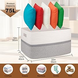 OIAHOMY Large Blanket Basket, 22x17x12 Rectangle Woven Baskets, Nursery Blanket Storage Living Room, Toy Storage With Handle, Large Baskets for Organizing-Grey/White