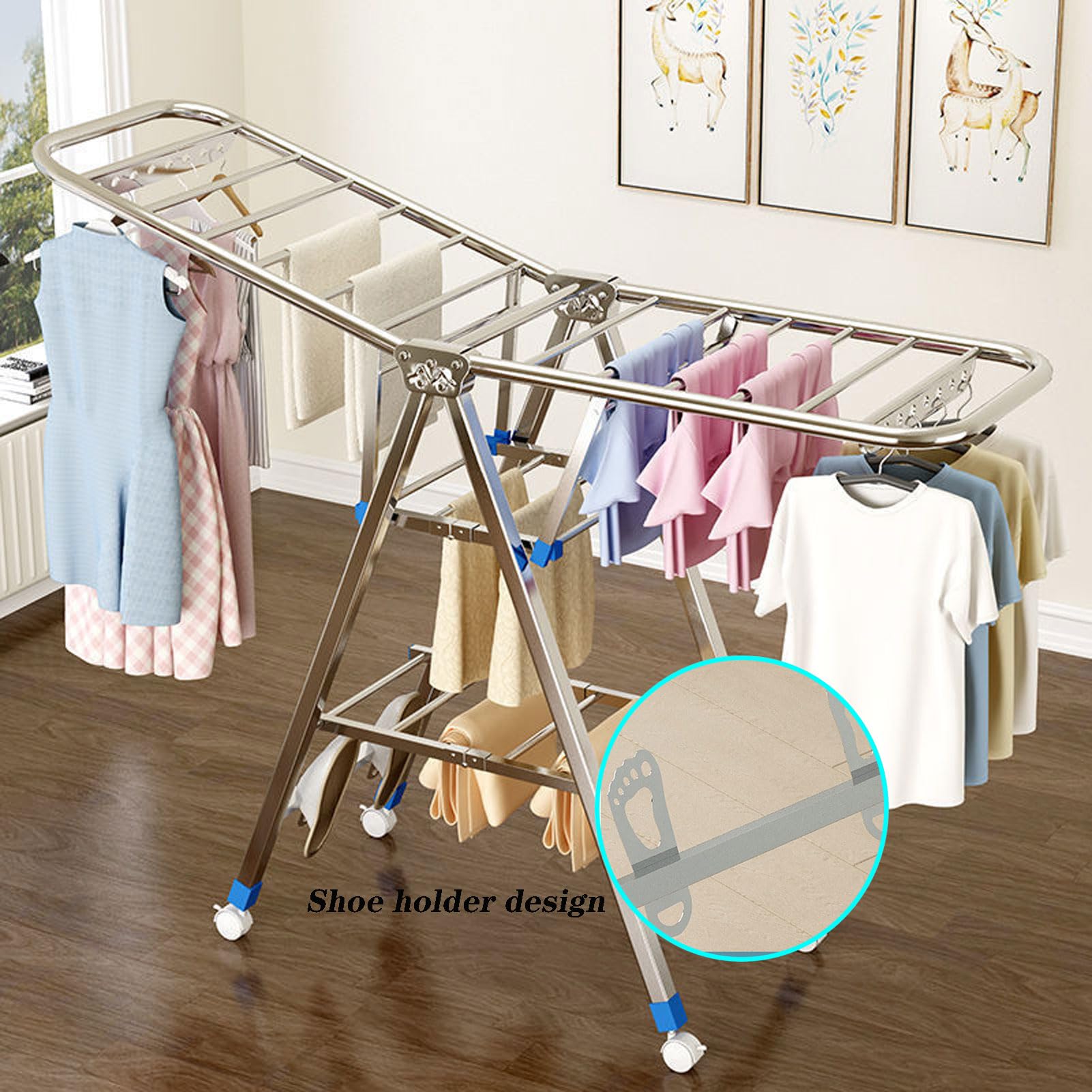 Tendedero de Ropa MóVil, Tendedero de Interior de Pie, Estante de Secado de Ropa Plegable, Tendedero de Ropa Exterior para Balcon con Ruedas (180cm/71in)
