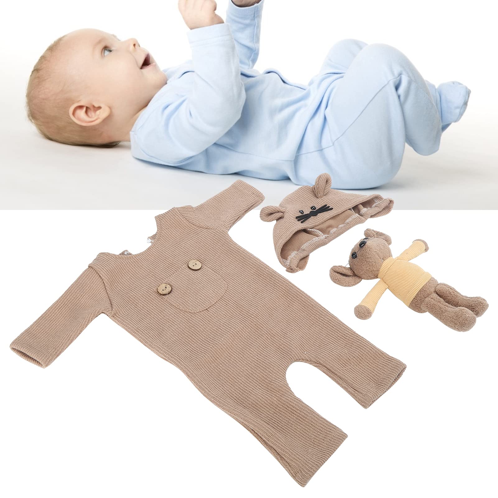 Baby Jumpsuit, Share Growth More Cute Newborn Photo Props Baby Gifts for Baby Photography(Brown, Hat + Doll + one-Piece) - Image 2 thumbnail