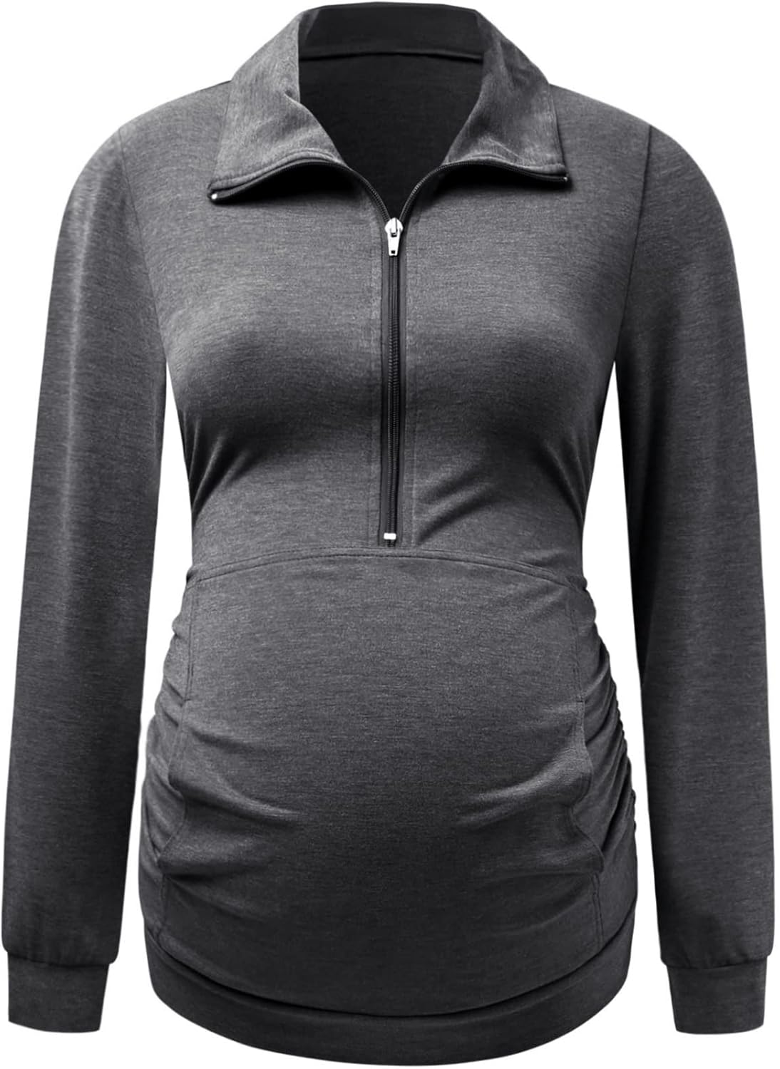 DEBELLY Maternity Shirt with Pocket Women's Lapel Top Casual Pregnancy Long Sleeve Zipper Hoodie - Image 2