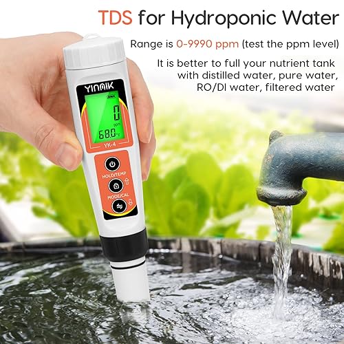 Miniatura 5 de YINMIK Medidor de pH, digital 4 en 1 PH EC TDS medidor de temperatura para hidroponía de agua, probador de agua DWC PH y EC PPM con retroiluminación