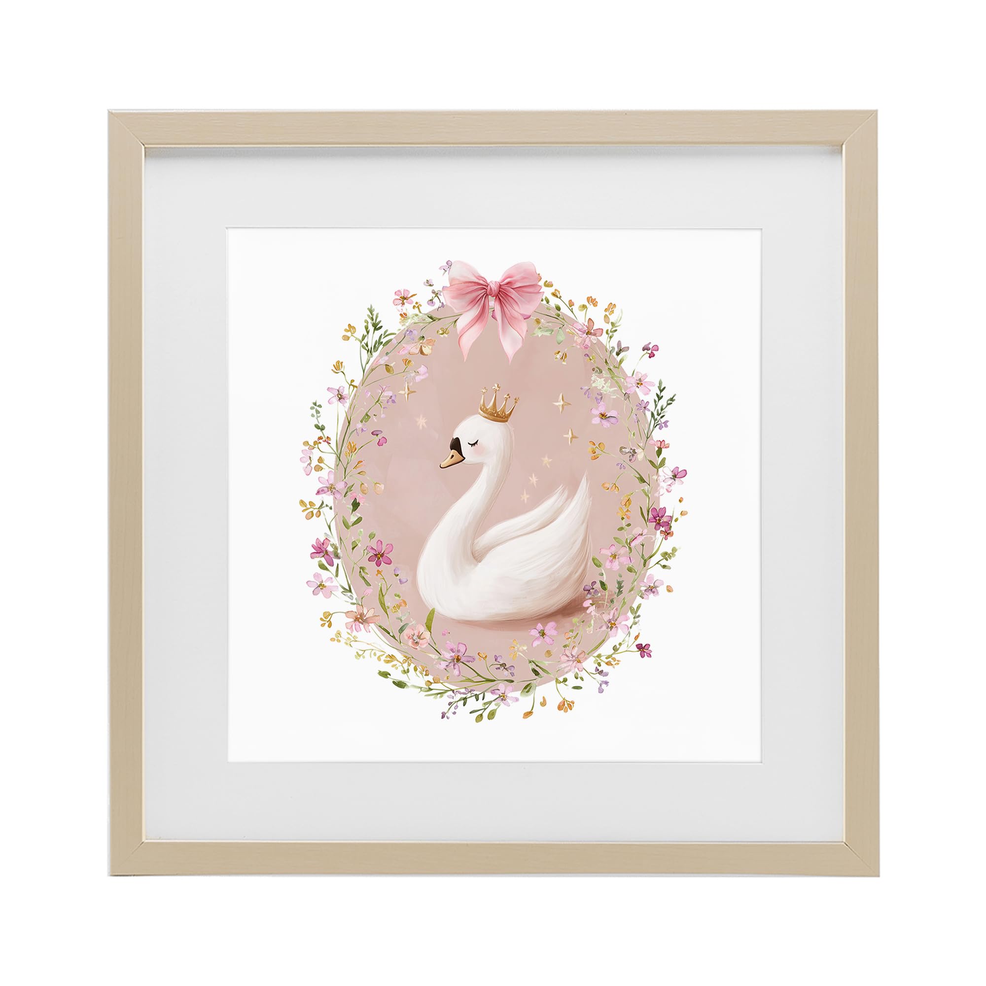 Stupell Industries Harvest Pine (Textured) Queen Swan With Florals Nursery, 16 X 16 Inch Framed Print Under Glass