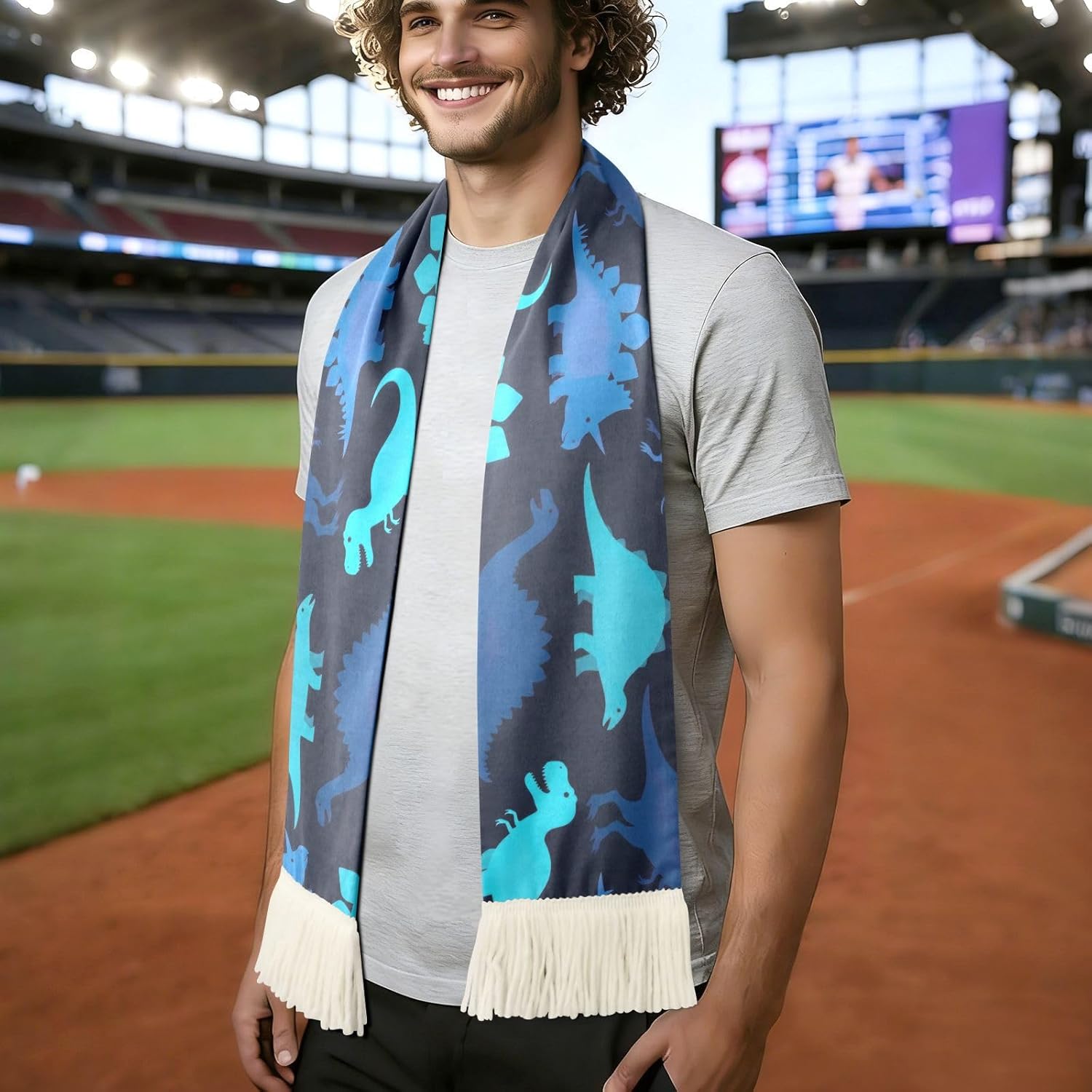 CHIFIGNO Blue Dinosaurs Sports Fan Scarf Towel, Soft Absorbent Polyester Soccer Scarf for Cheering, Quick Dry Rally Towel with Fringe Ends