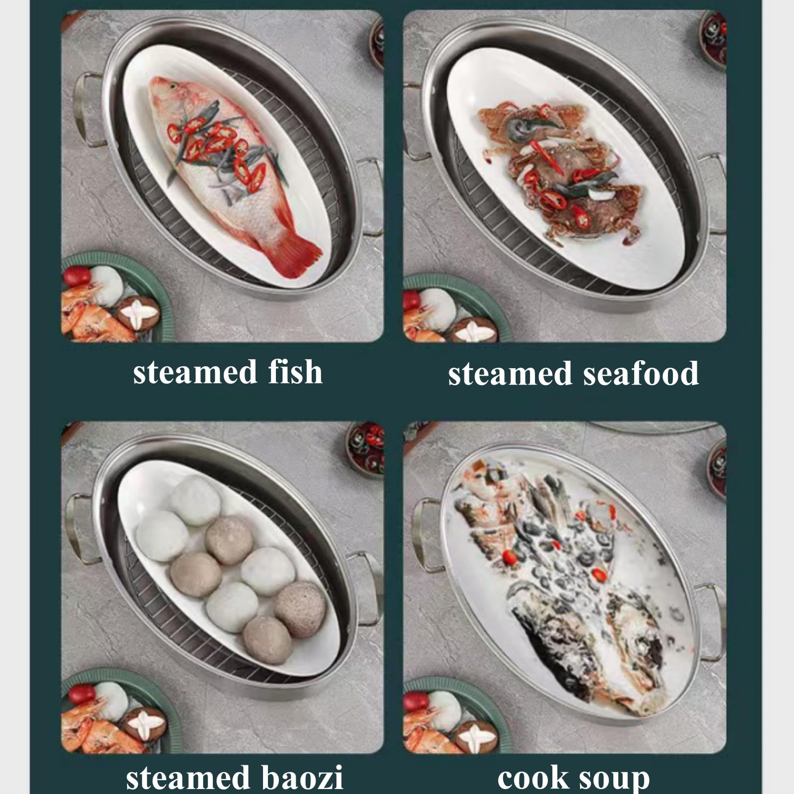 Edelstahl Fisch Dampfgarer Set Großer Dampfgarer Topf zum Dämpfen von Fisch, Kochen von Suppe Multi-Use Oval Kochgeschirr mit Glasdeckel, Gestell, Pfanne, Chuck