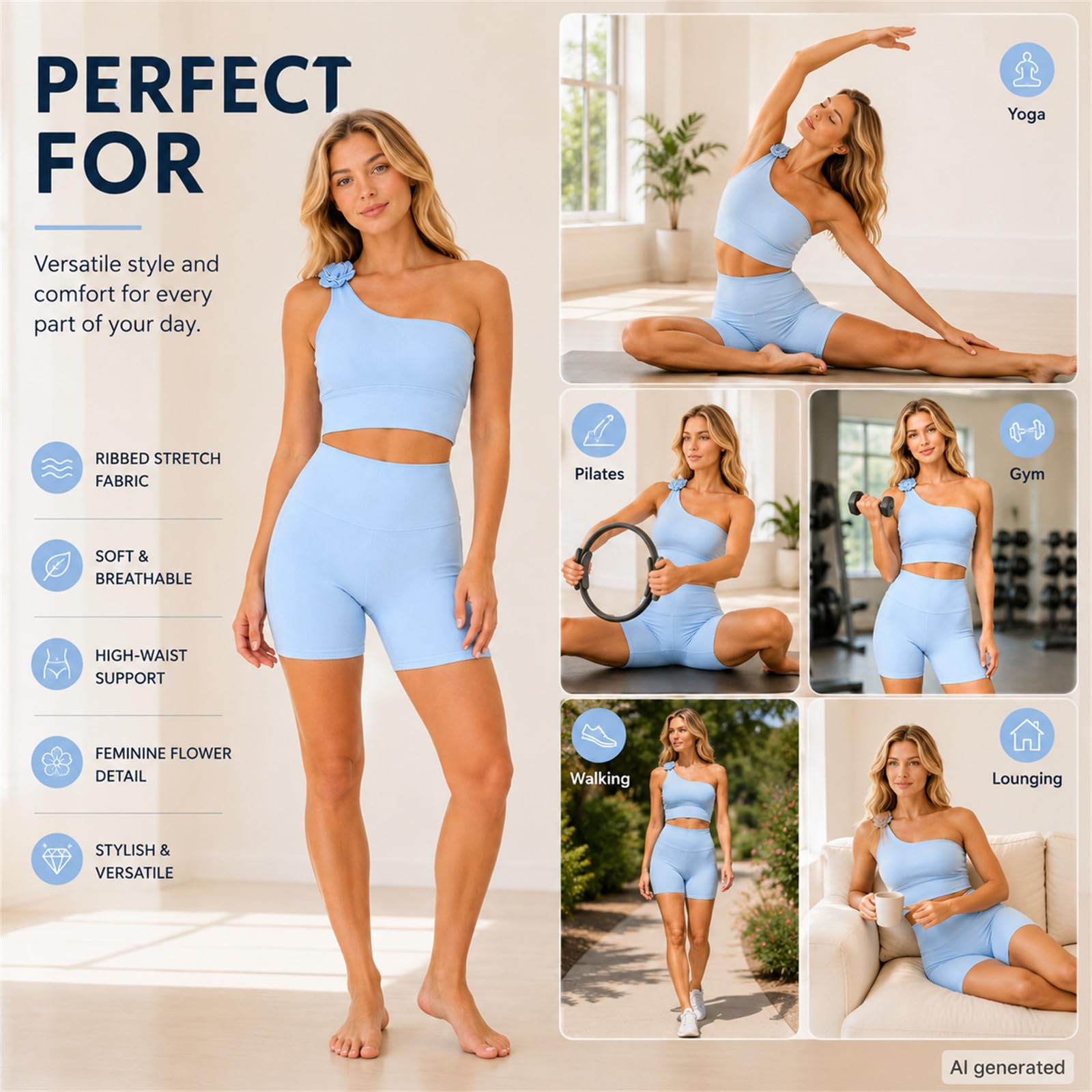 Set da allenamento monospalla da donna, canotta da yoga a coste con pantaloncini a vita alta reggiseno sportivo elasticizzato 2 pezzi per pilates palestra