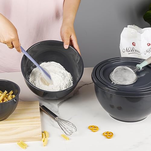 Miniatura 7 de Juego de 5 cuencos de plástico para mezclar con tapas para cocina, cuencos anidables para mezclar, hornear, preparar, cocinar y servir alimentos,