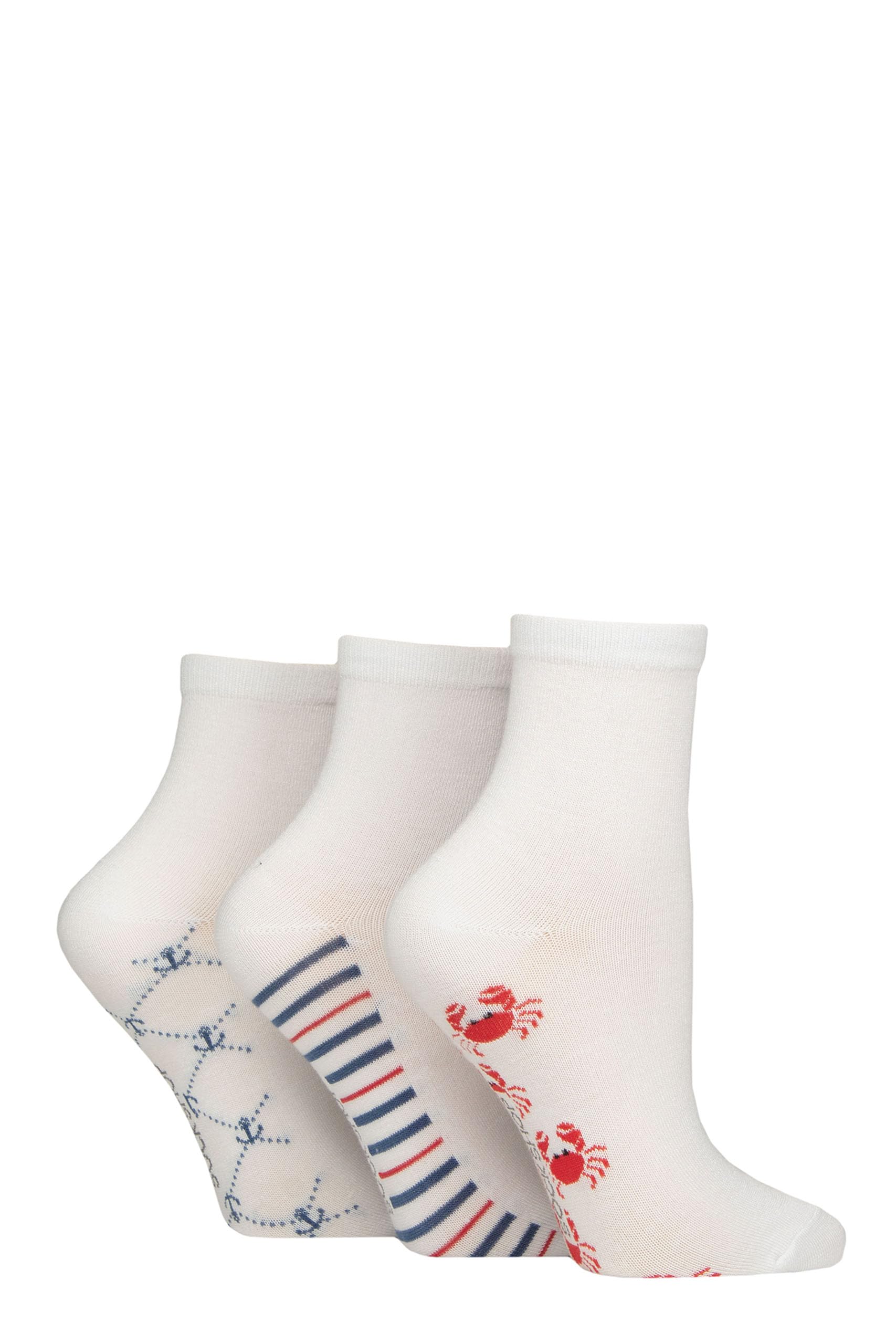 Sockshop Women's Patterned Sole White / Nautical Bamboo Ankle Socks - Plain, Patterned, Striped, Floral, Colourful, Bright, Smooth Toe Seams 3 Pairs Size 4-8 (Uk, Numeric, 4, 8, Regular, Regular, Patterned Sole White/Nautical)