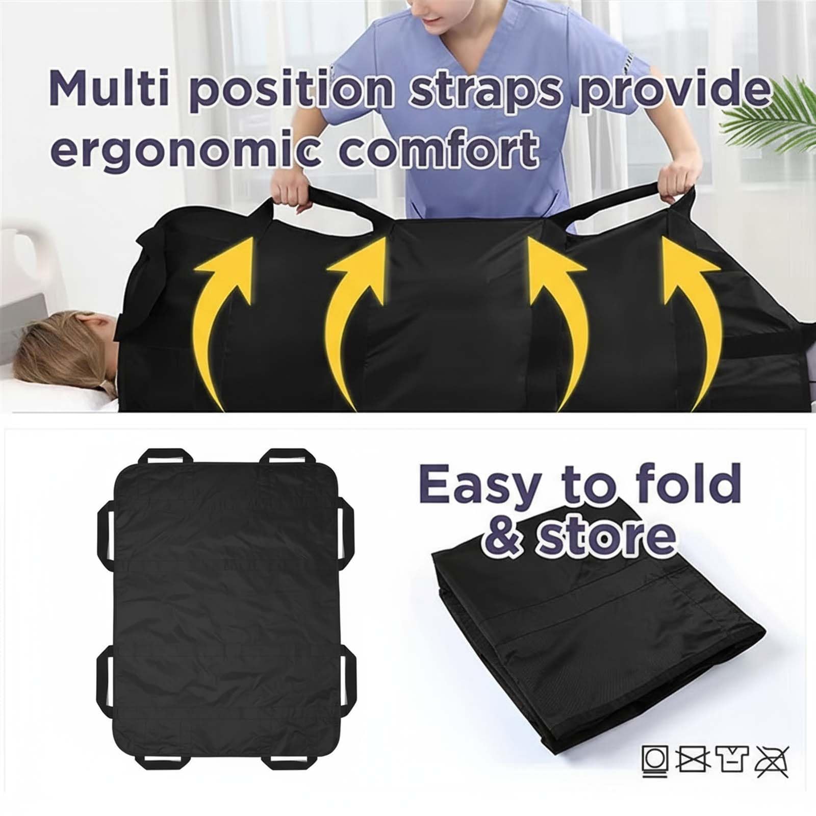 Sábanas de Transferencia Pacientes, Sábana Deslizante para Transferencia de Ancianos 120 x 100 cm, Almohadilla de Posicionamiento con 8 Asas Reutilizable Lavable (Negro)