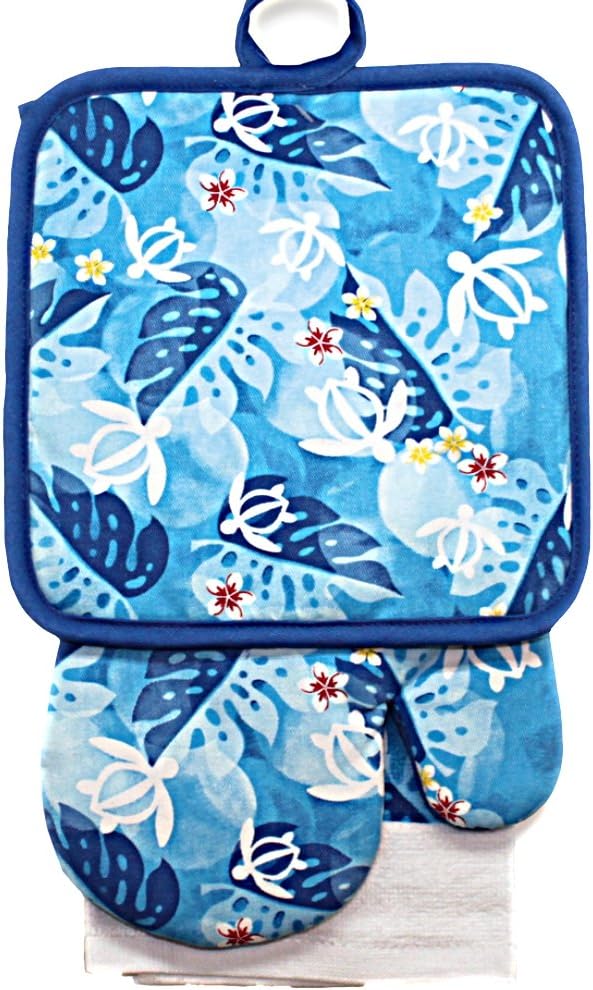 Hawaiian Kitchen Set Towel & Pot Holders Gift Set Honu Turtle Floral