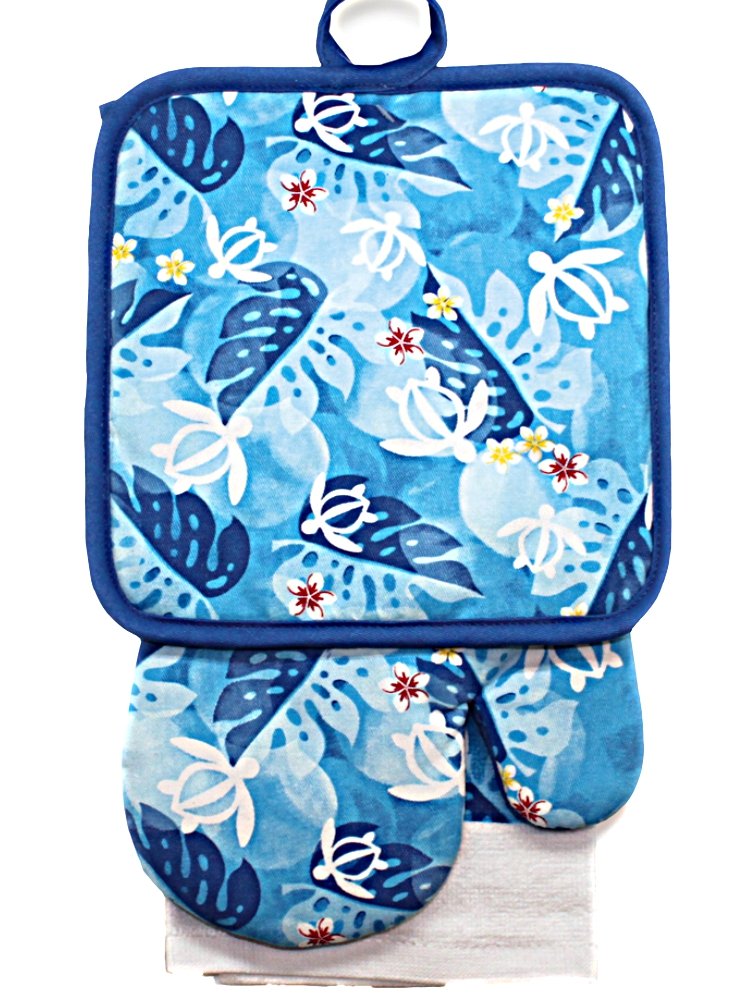 Hawaiian Kitchen Set Towel & Pot Holders Gift Set Honu Turtle Floral