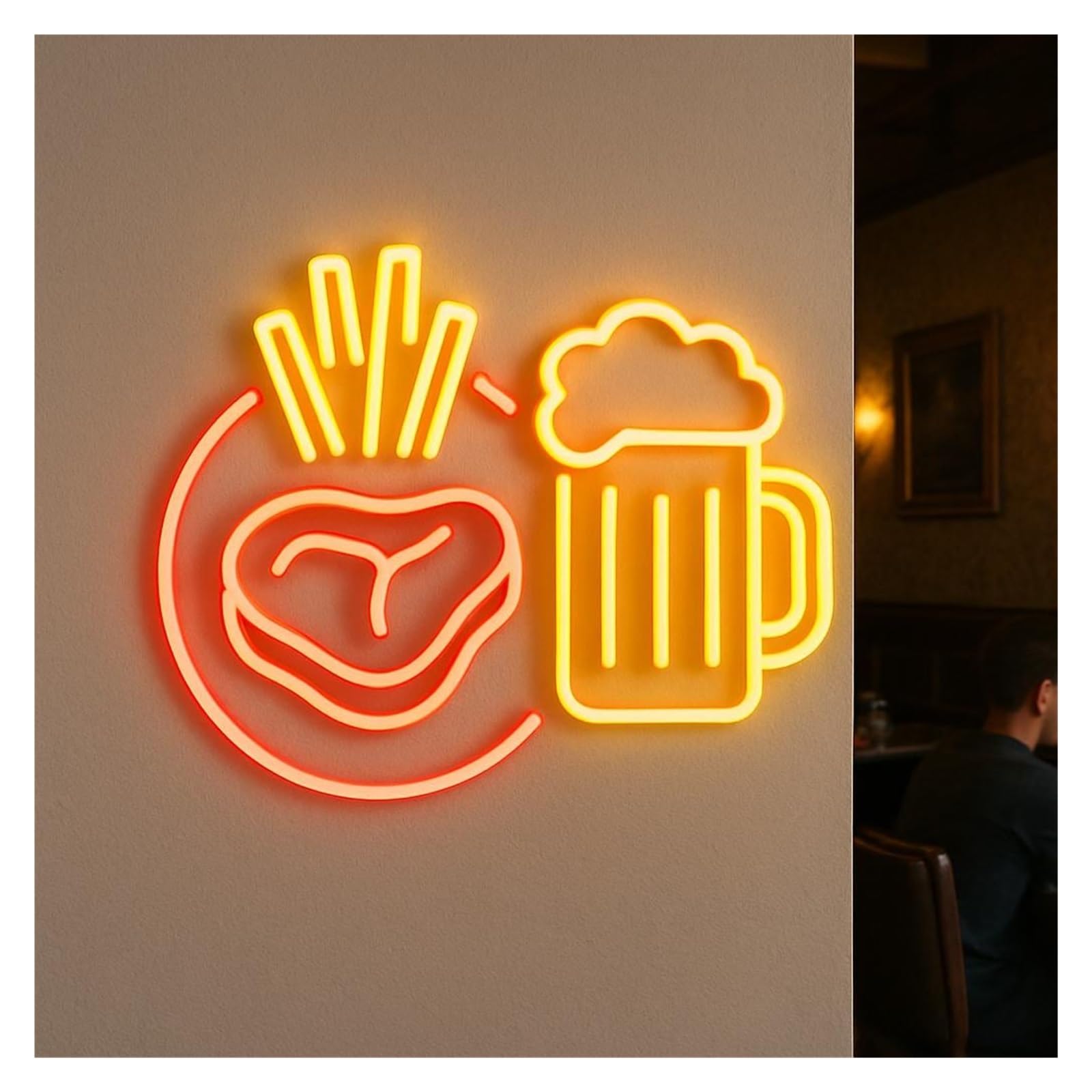 XENITE Hanging Art Neon Signs Steak Fries & Beer Mug Neon Sign, USB/Power Supplied for BBQ Shop & Craft Bar 55cm/21.65in