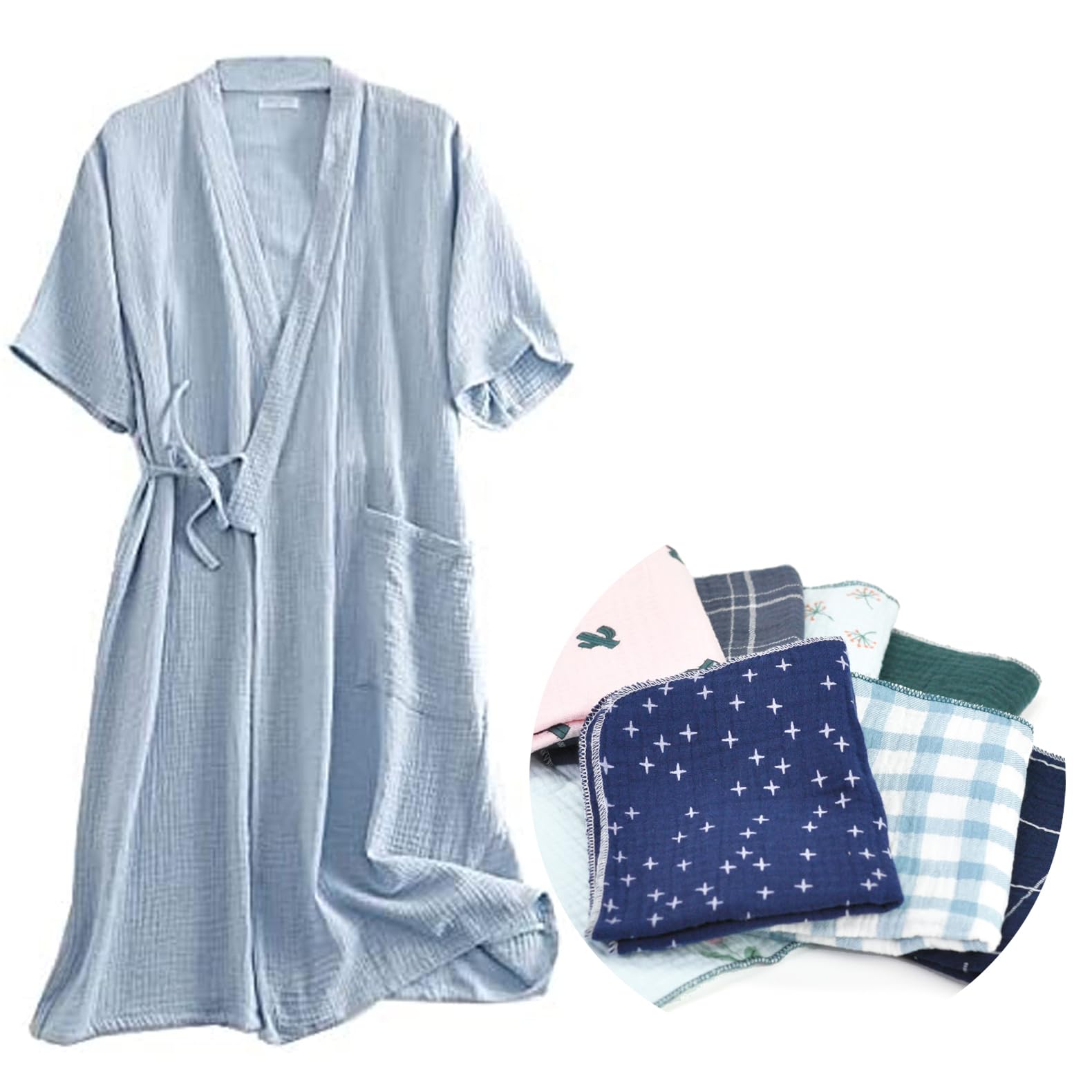 [Yume Pajamas] Double Gauze Bathrobe 100% Cotton with Hand Towel Included Gown Ladies Mens After Bath Cotton Unisex Roomwear Hotel Esthetic Loungewear Large short sleeve blue