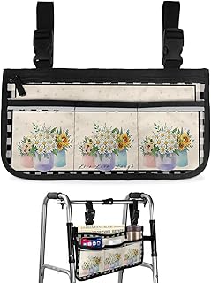 Spring Florals Wheelchair Side Bag Walker Bag, Daisy Vase Rustic Botanical Black Checkered Lade Wheelchair Accessories Armrest Pouch, Organizer Storage Bag for Walkers, Rollators, 7.3'x13'