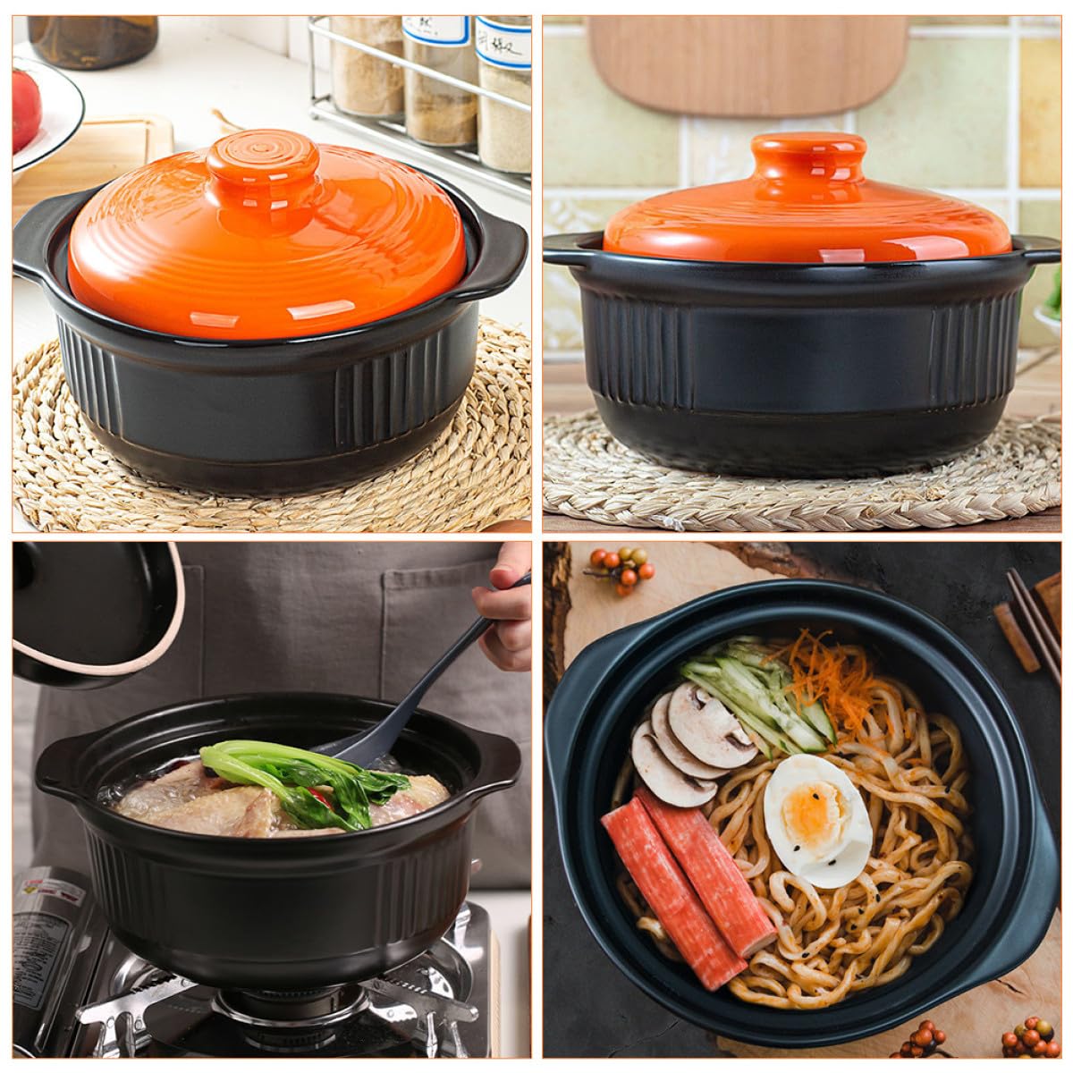 Keramiktopf 2355ml Orange, Hitzebeständiger Auflauf | Keramik, ein Stück Geformt, Dampfventildeckel, Wärmeleitung, für Bibimbap und Nudeln