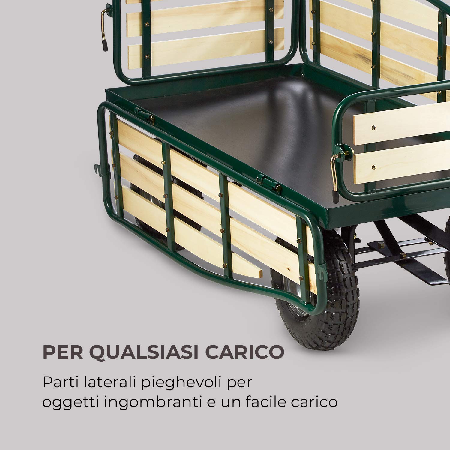 Waldbeck Ventura - Carrello da giardino, Carretto a mano, Sponde laterali ribaltabili, Resistente alle intemperie, Portata 300 kg, Telaio robusto, Ampio vano di carico, verde scuro