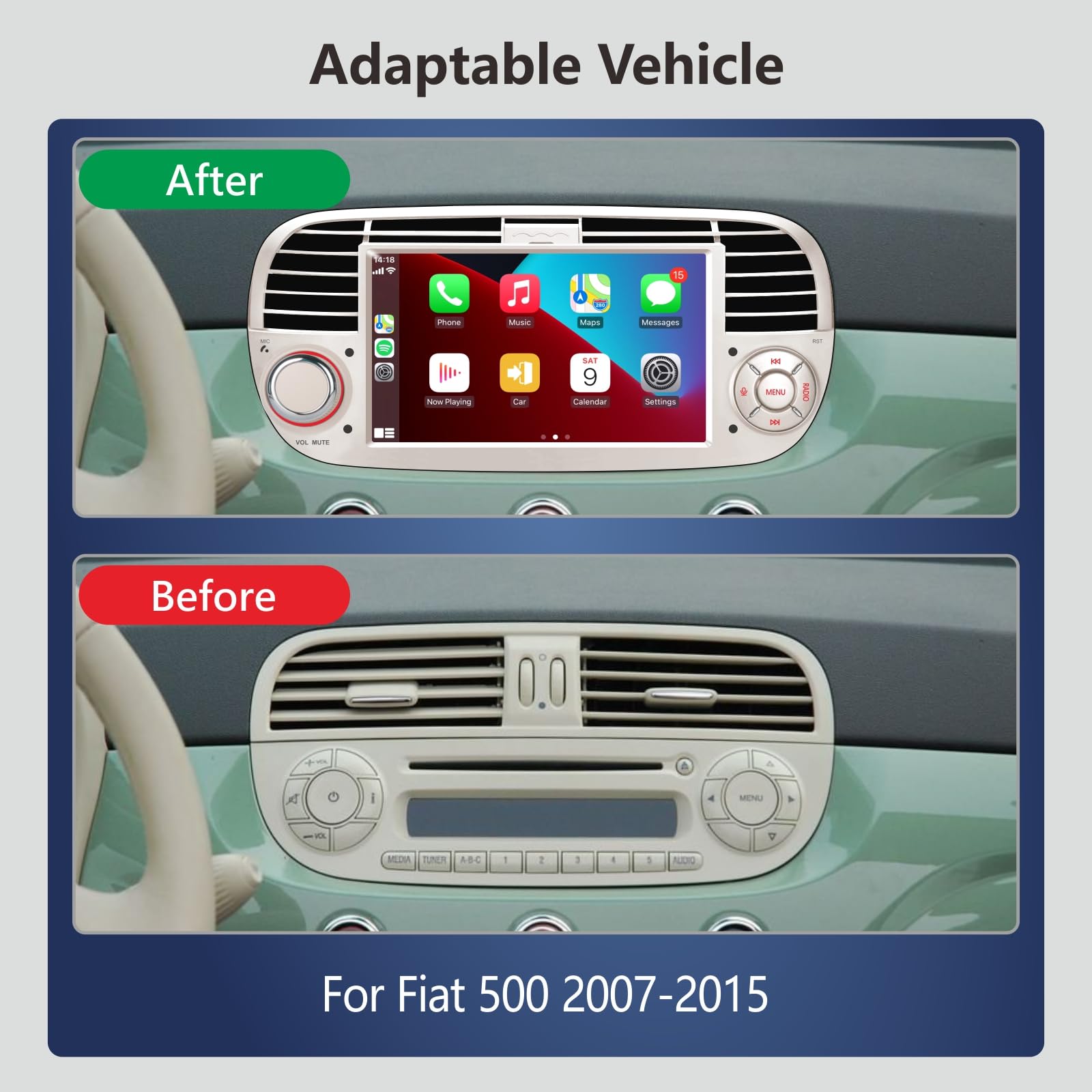 Autoradio pour Fiat 500 2007-2015, sans Fil Tactile CarPlay Android Auto Radio Système Linux avec écran GPS Navi 7 Pouces/FM/AM/USB/Mirror Link/HD Touch Display (Bianco)